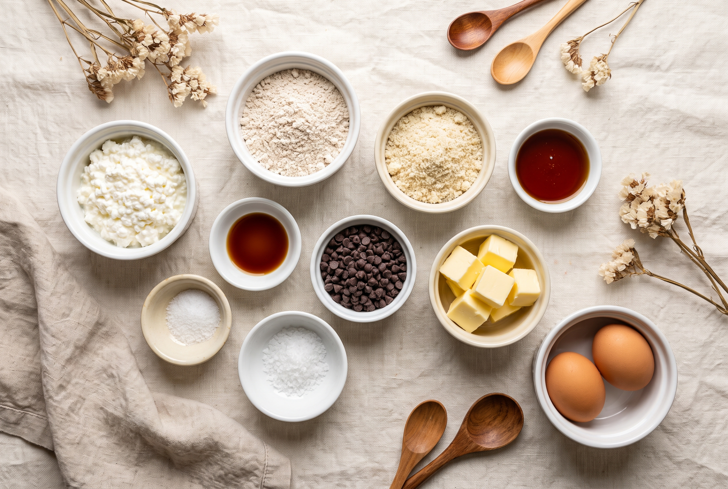 Ingredients for high protein cottage cheese cookie dough in small bowls: full-fat cottage cheese, vanilla protein powder, almond flour, maple syrup, vanilla extract, salt and mini chocolate chips for edible protein cookie dough