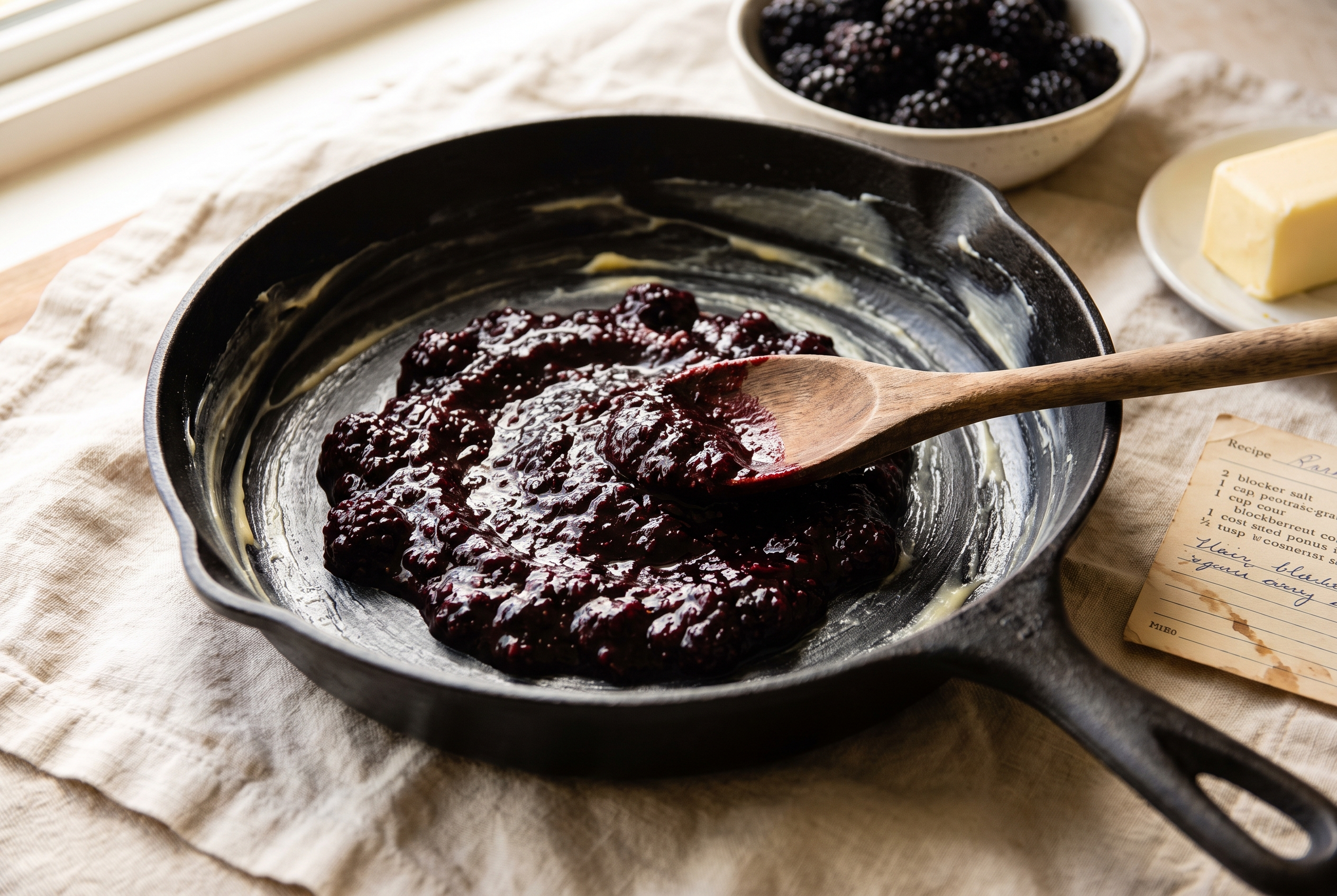 The sugared blackberry filling spread in an even layer in a buttered cast iron skillet