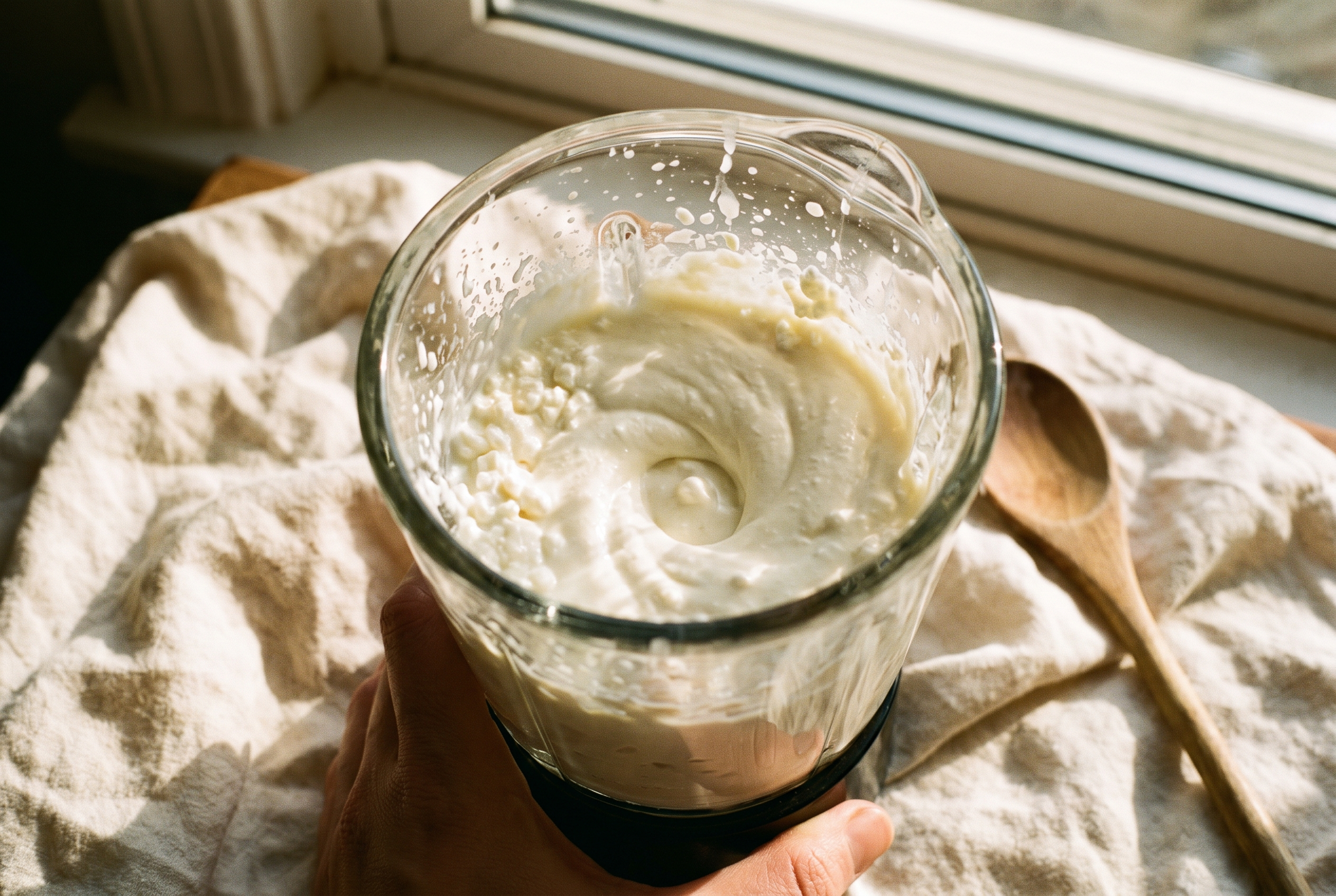 Cottage cheese being blended completely smooth and creamy in a small blender