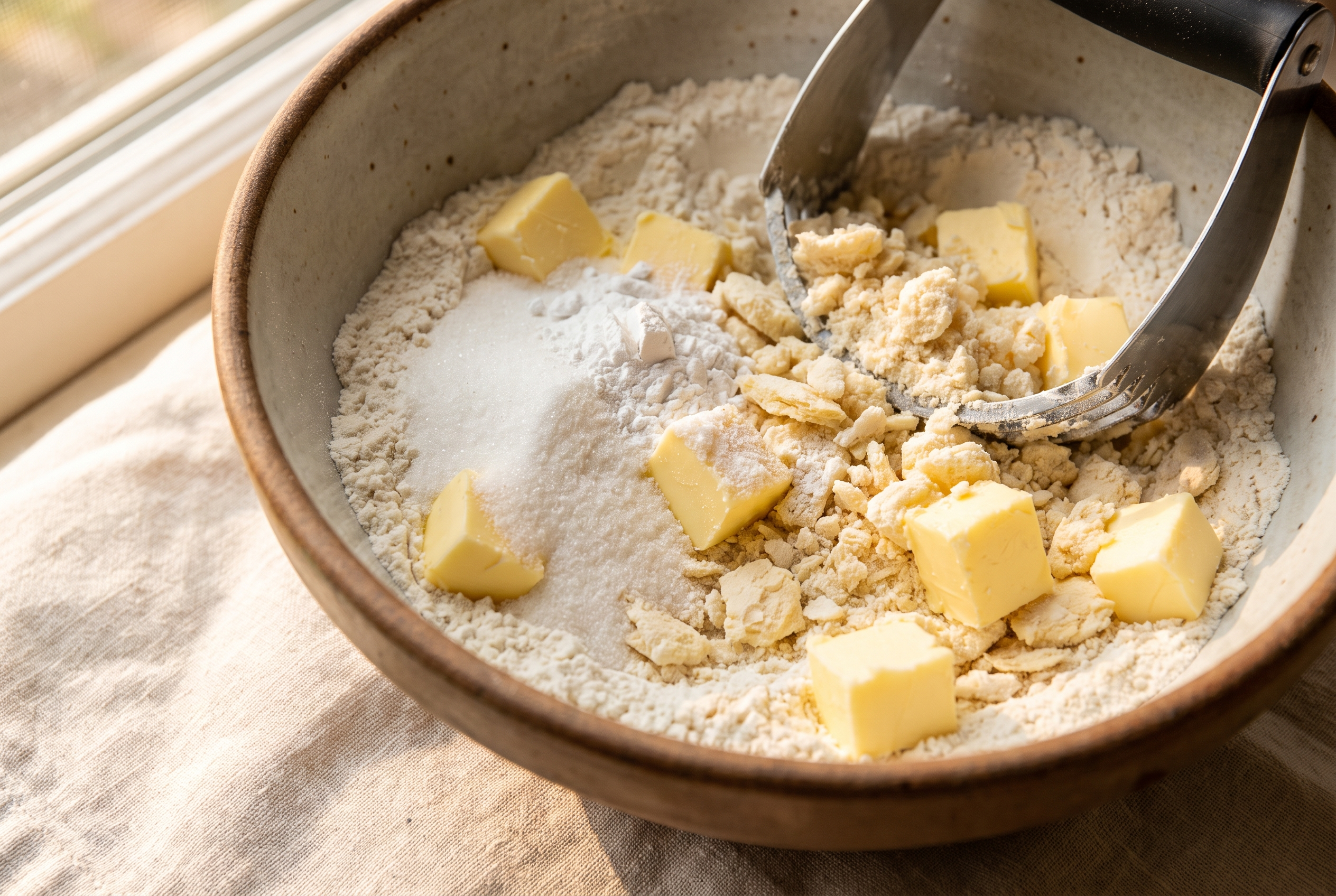 Flour, sugar, baking powder and cold butter being cut together into coarse crumbs with a pastry cutter