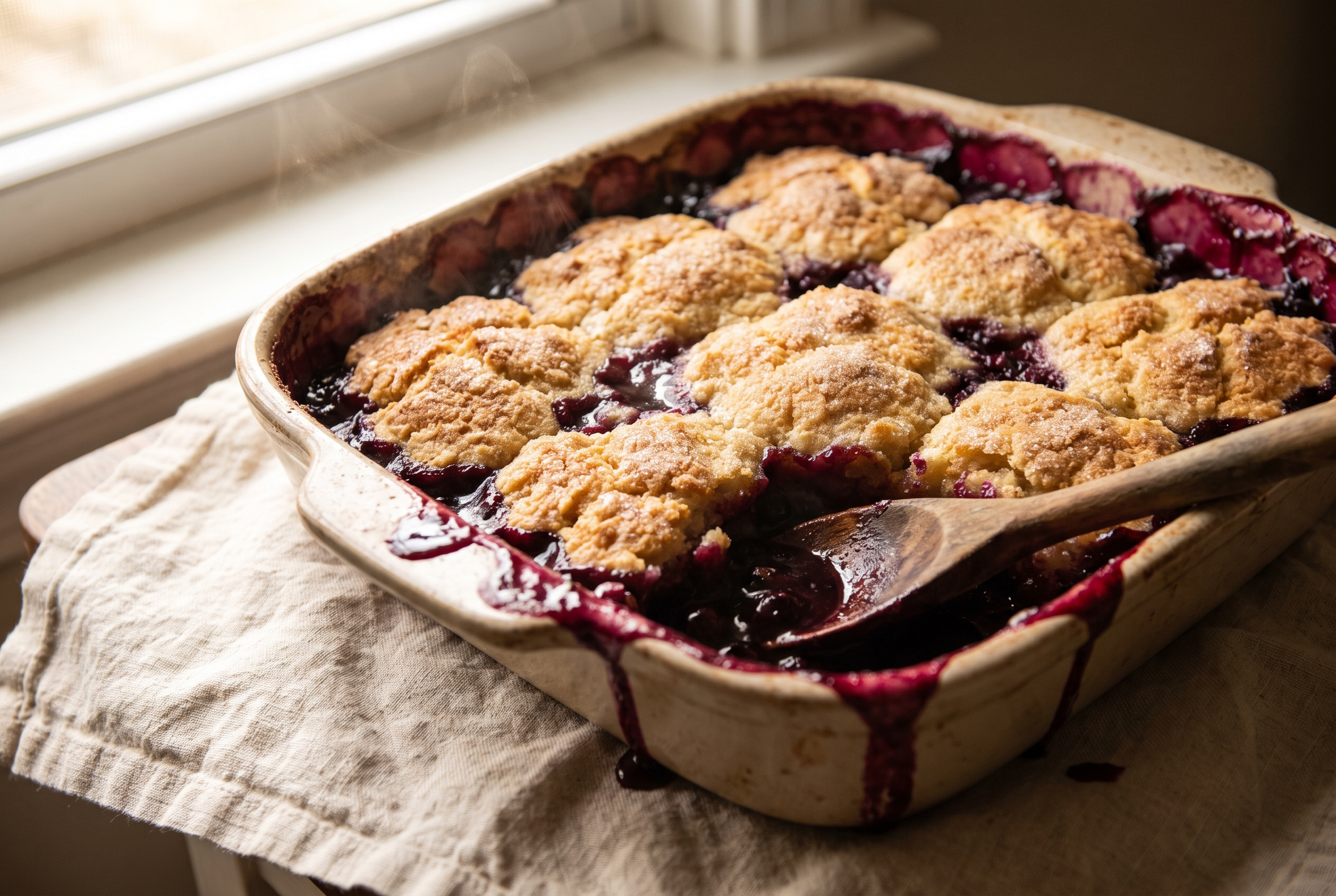 A baked blackberry cobbler in a cast iron skillet with a golden biscuit topping and thick purple juice bubbling up around the edges