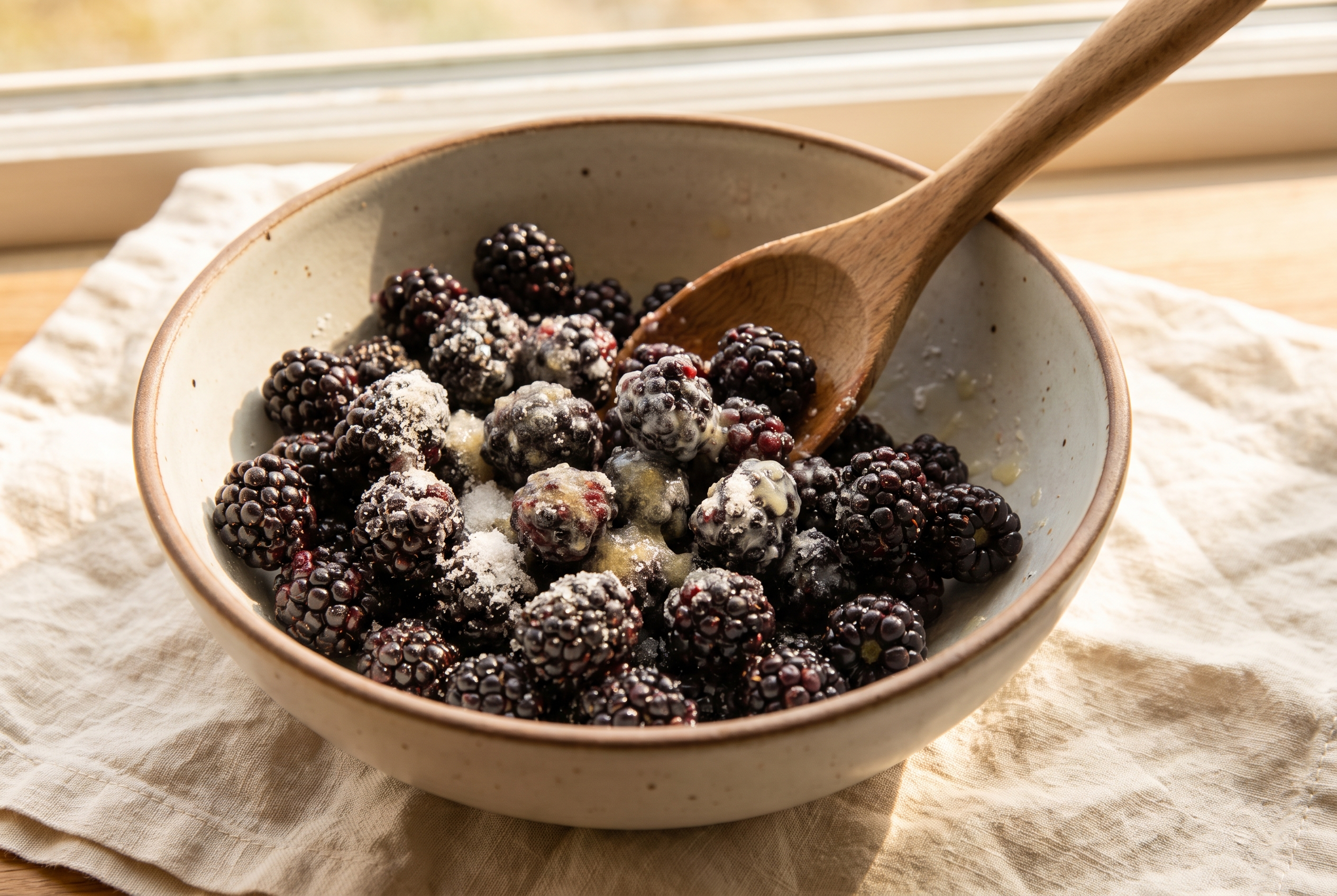 Fresh blackberries being tossed with sugar, lemon juice and cornstarch in a large bowl