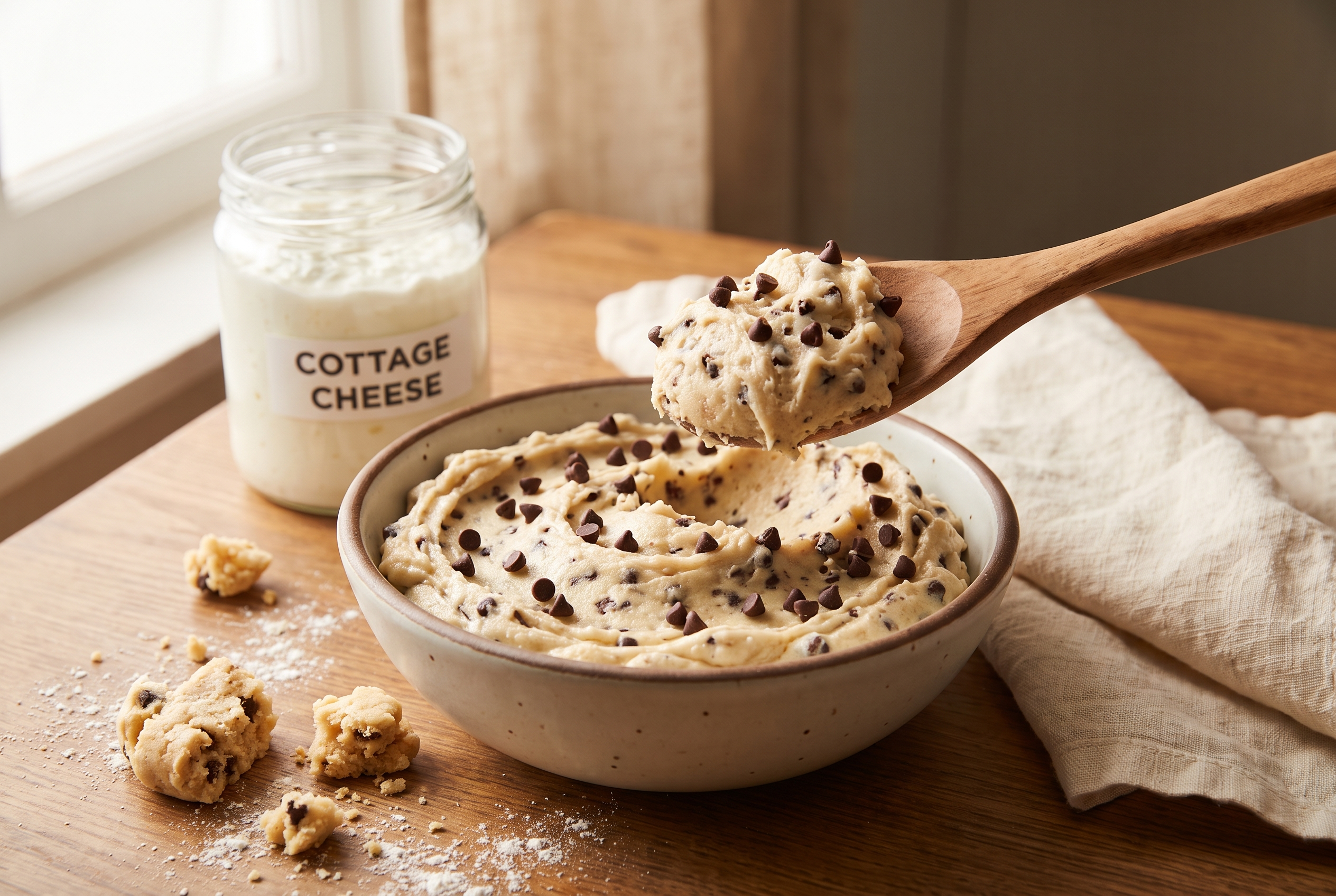 A bowl of creamy cottage cheese cookie dough studded with mini chocolate chips, a spoon lifting a scoop, with a tub of cottage cheese in the background