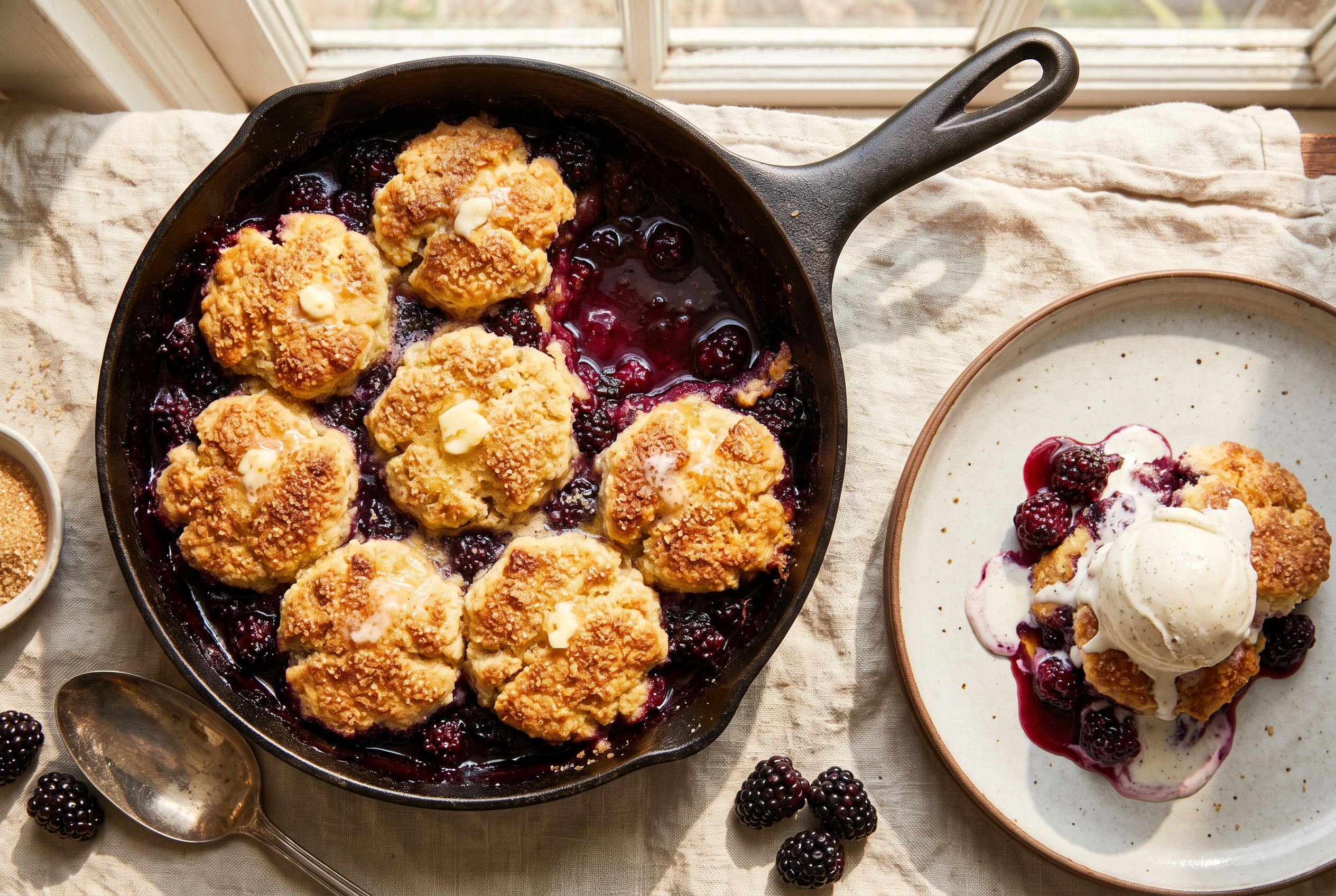 Blackberry cobbler in a cast iron skillet with a golden sugar-sparkled biscuit topping over bubbling purple blackberry filling, and a serving in a bowl with vanilla ice cream melting on top