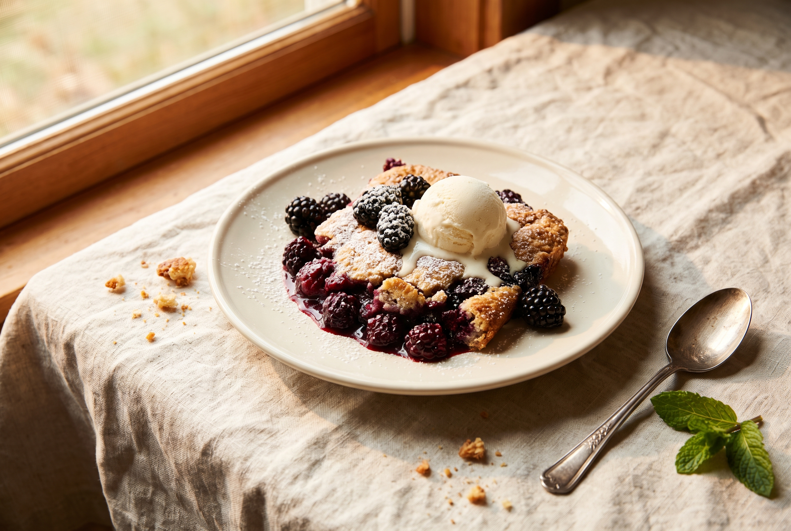 A bowl of warm blackberry cobbler with a golden buttermilk biscuit, jammy purple blackberry filling and a scoop of vanilla ice cream melting over it, the cast iron skillet behind