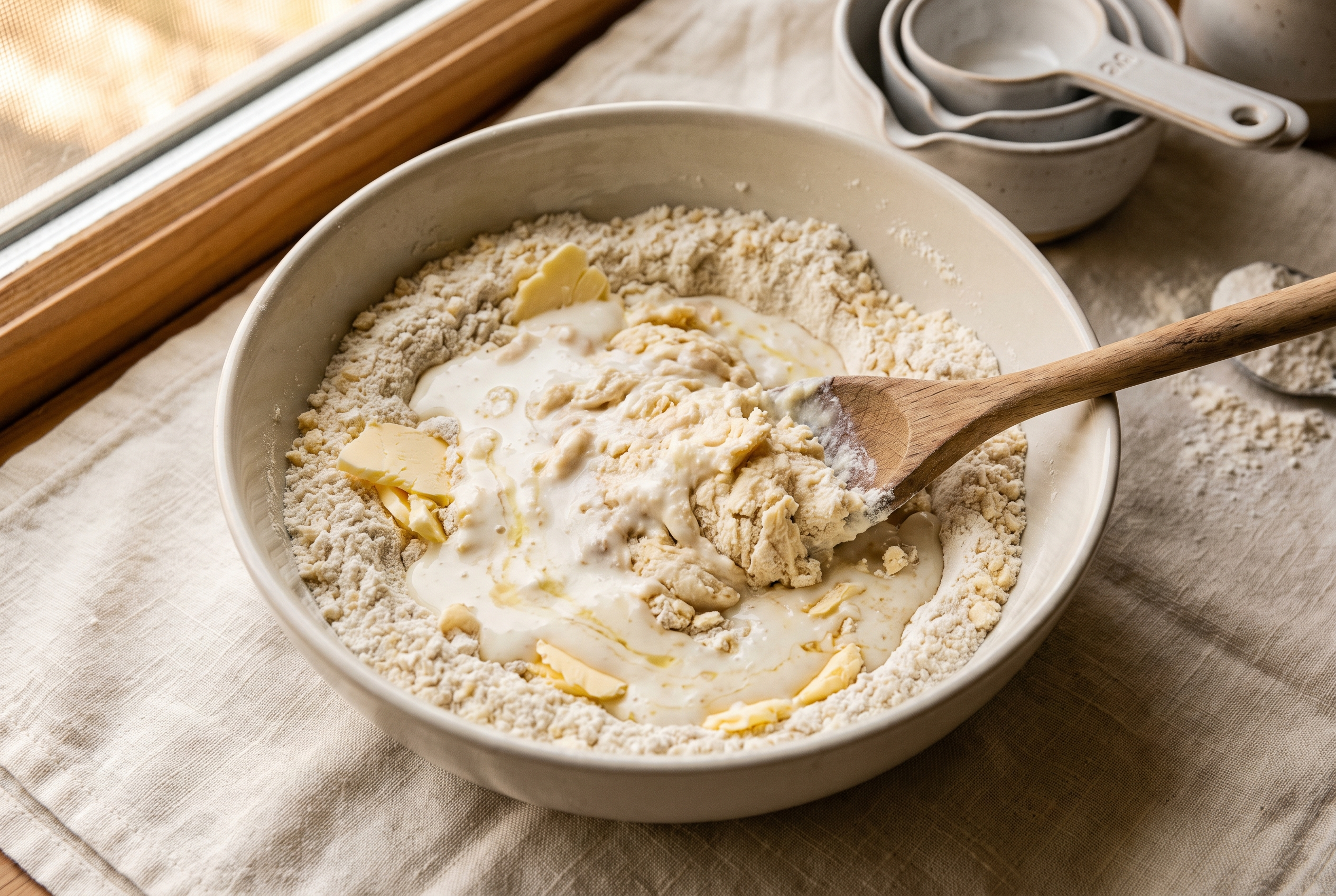 Buttermilk being stirred into the butter and flour crumbs to form a soft, shaggy biscuit dough