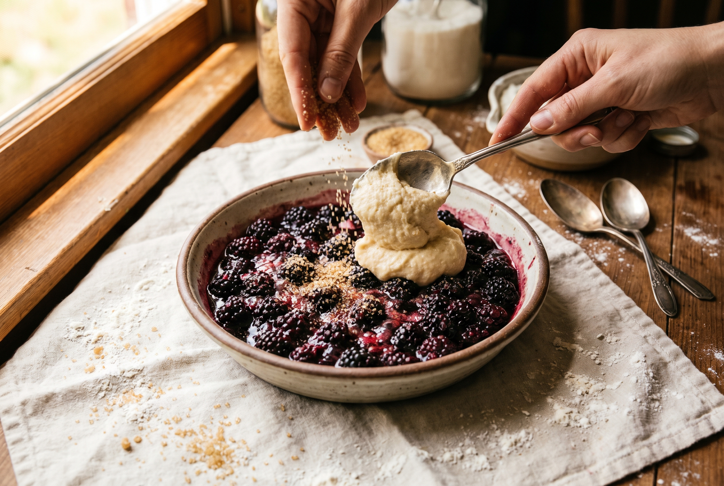 Spoonfuls of biscuit dough being dropped over the blackberries in the skillet and sprinkled with coarse sugar