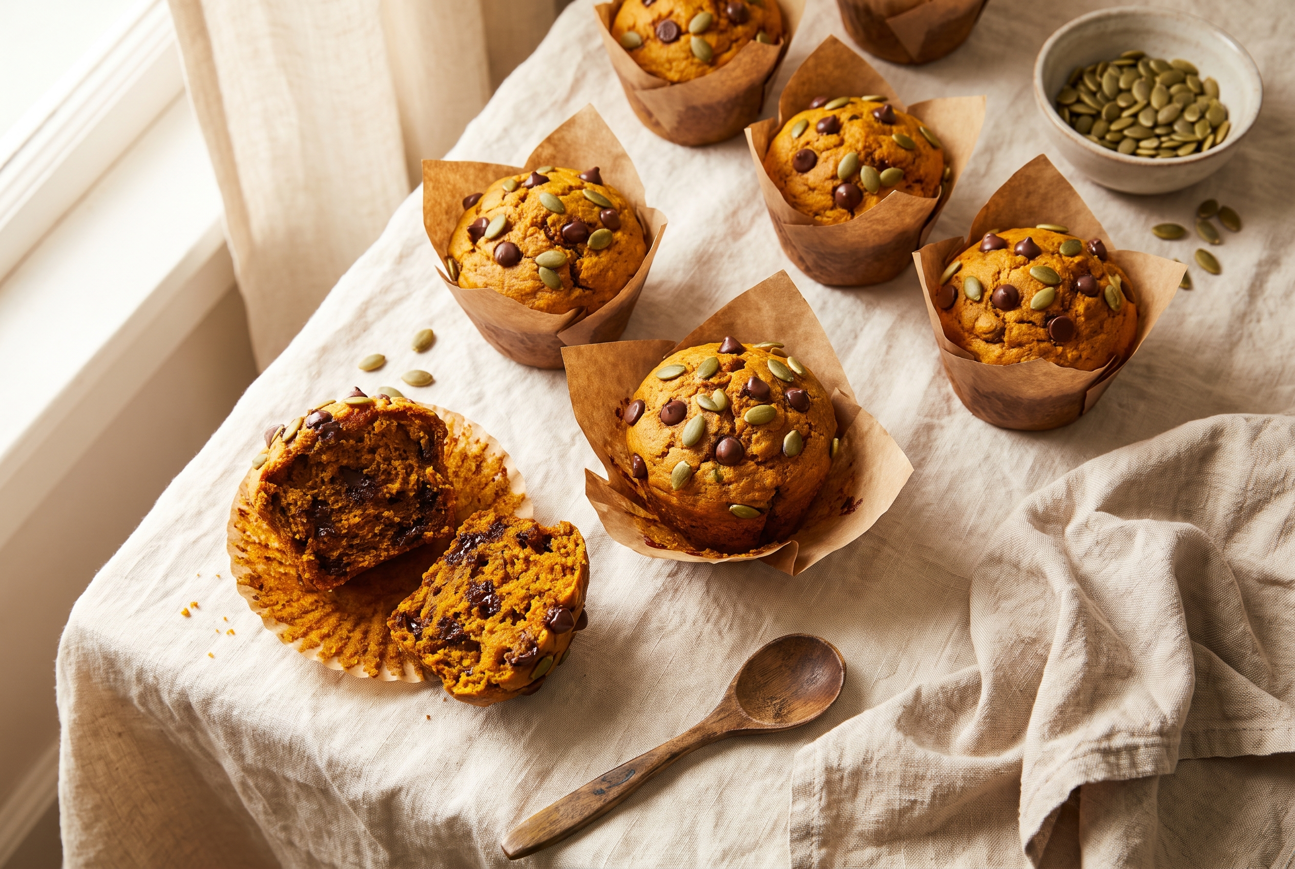 Pumpkin protein muffins, domed and golden-orange in paper liners, topped with chocolate chips and pumpkin seeds, one split open to show a moist crumb