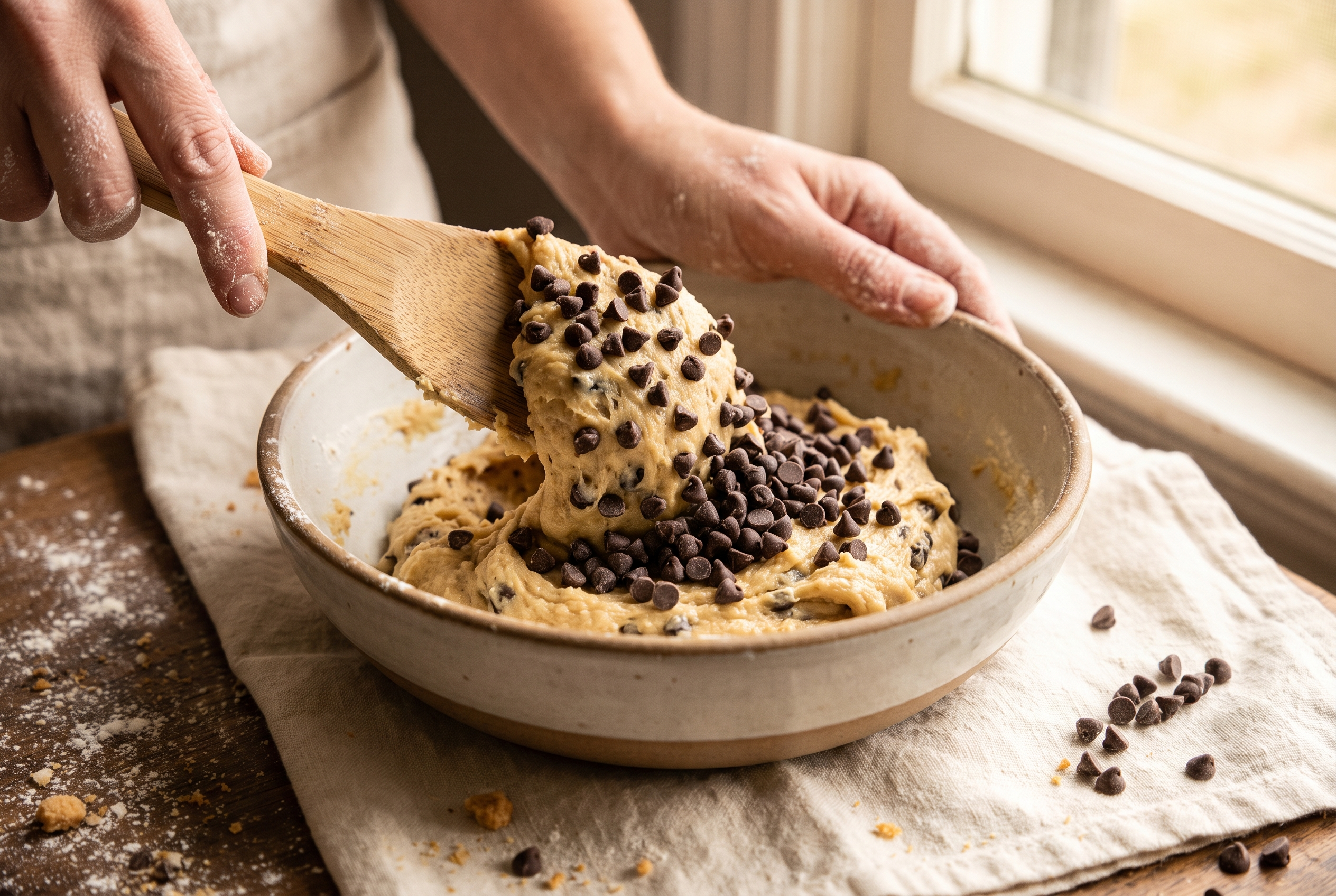 Mini chocolate chips being folded into creamy high protein cookie dough in a bowl