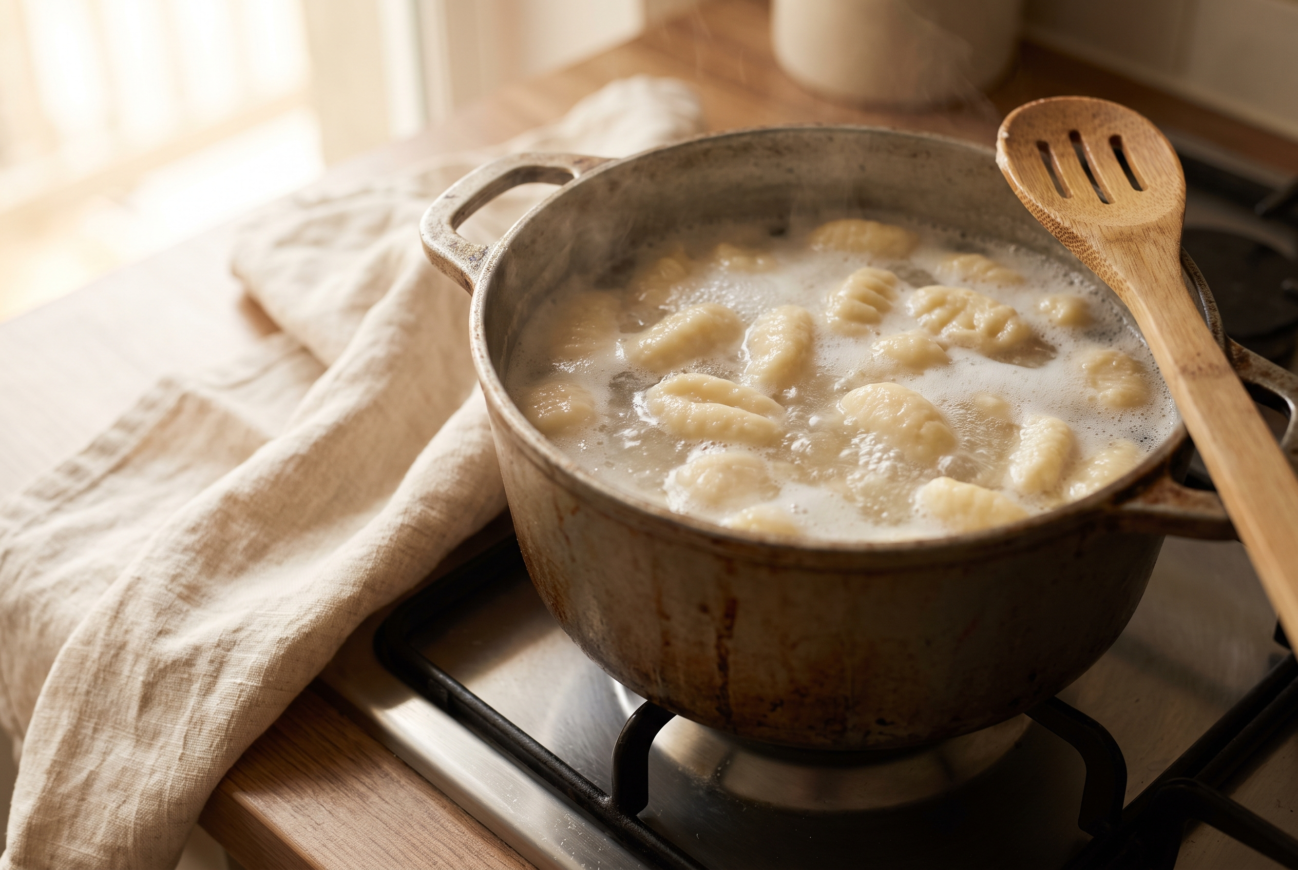 Cottage cheese gnocchi boiling in a pot of water and floating to the surface