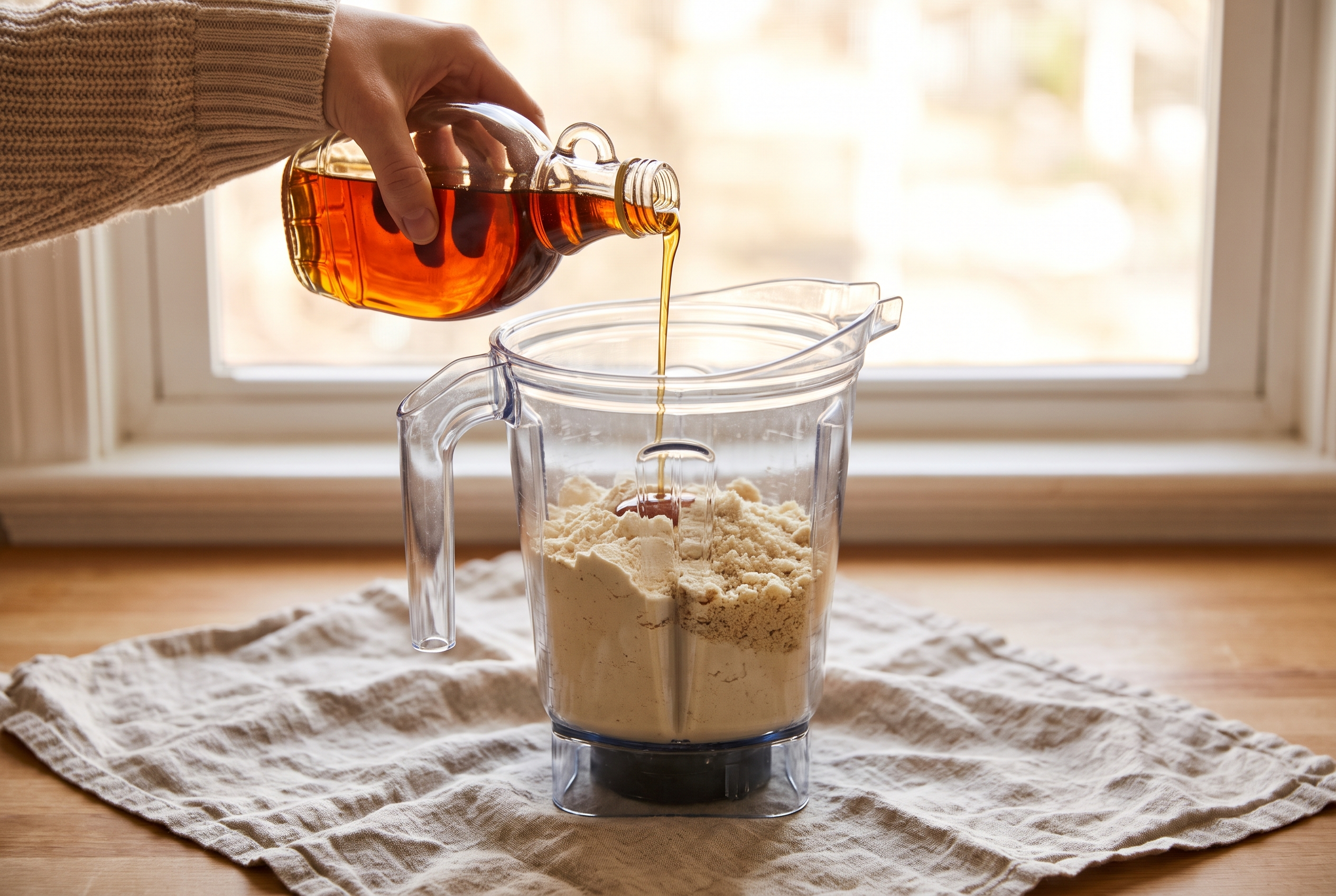Vanilla protein powder, almond flour and maple syrup added to the blended cottage cheese in a small blender
