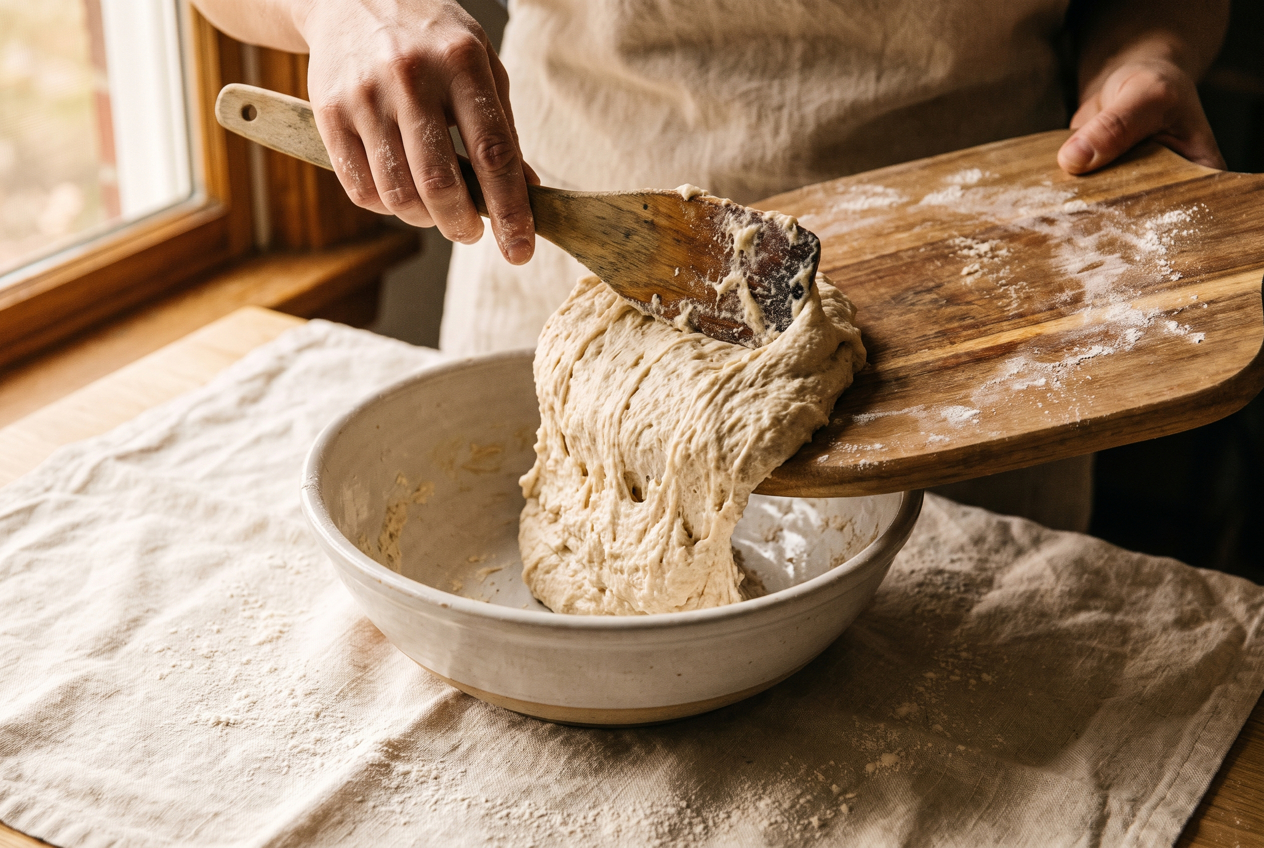 Thick, creamy cottage cheese cookie dough being scraped from a blender into a bowl with a spatula