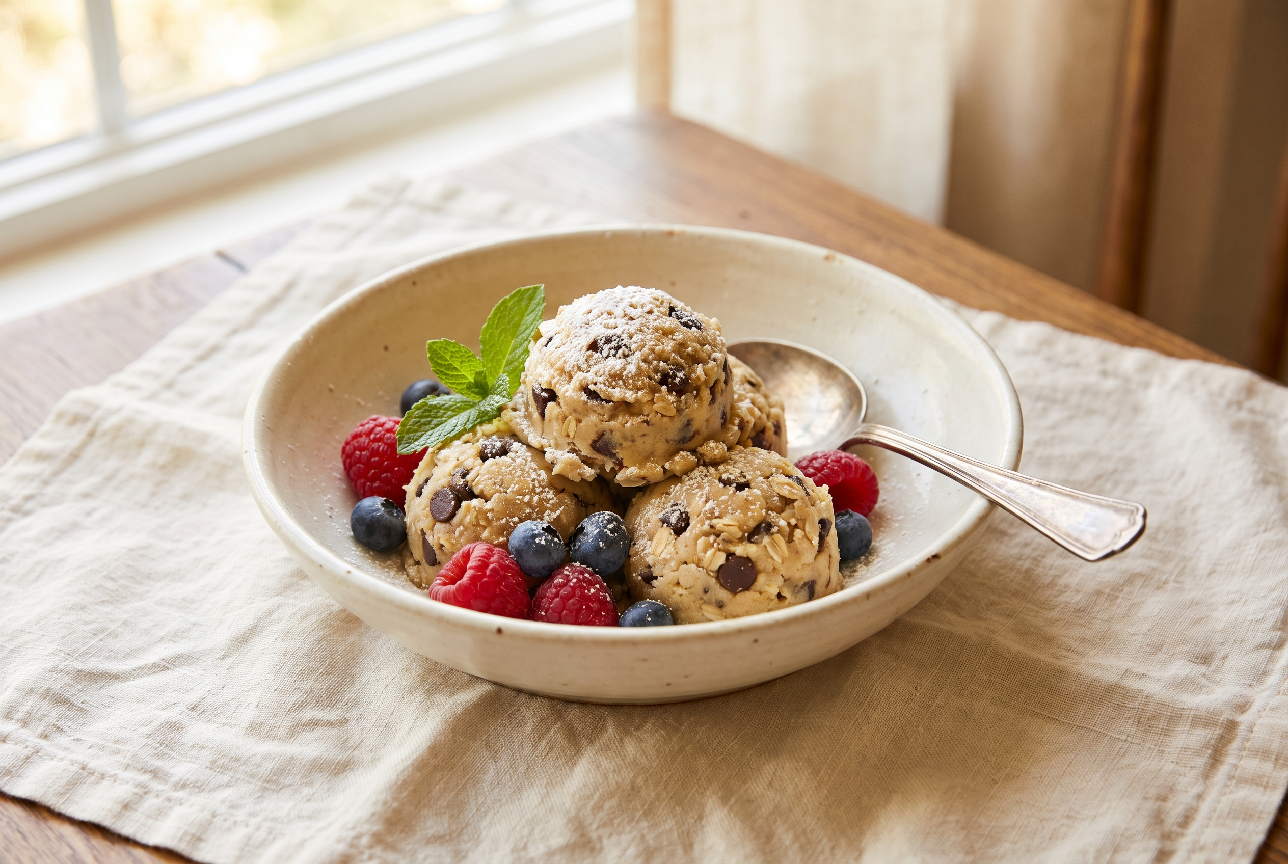 A small bowl of edible cottage cheese cookie dough with mini chocolate chips, a spoon resting in it, with apple slices and a few cookie dough balls on a cream plate beside it