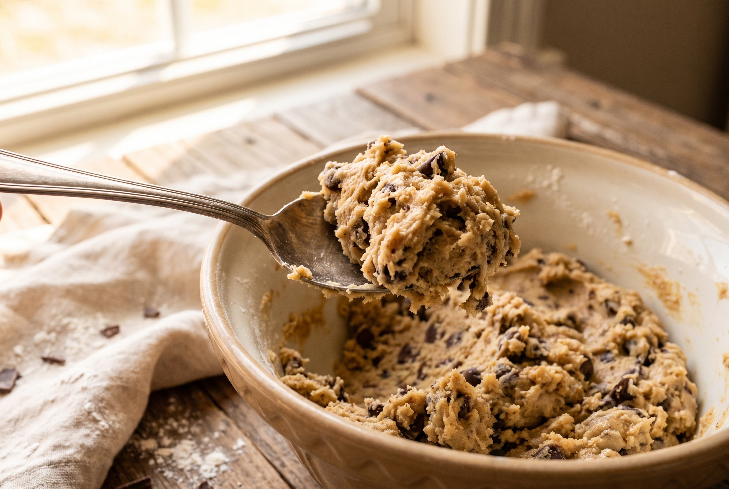 A spoonful of high protein cottage cheese cookie dough with mini chocolate chips lifted from the bowl