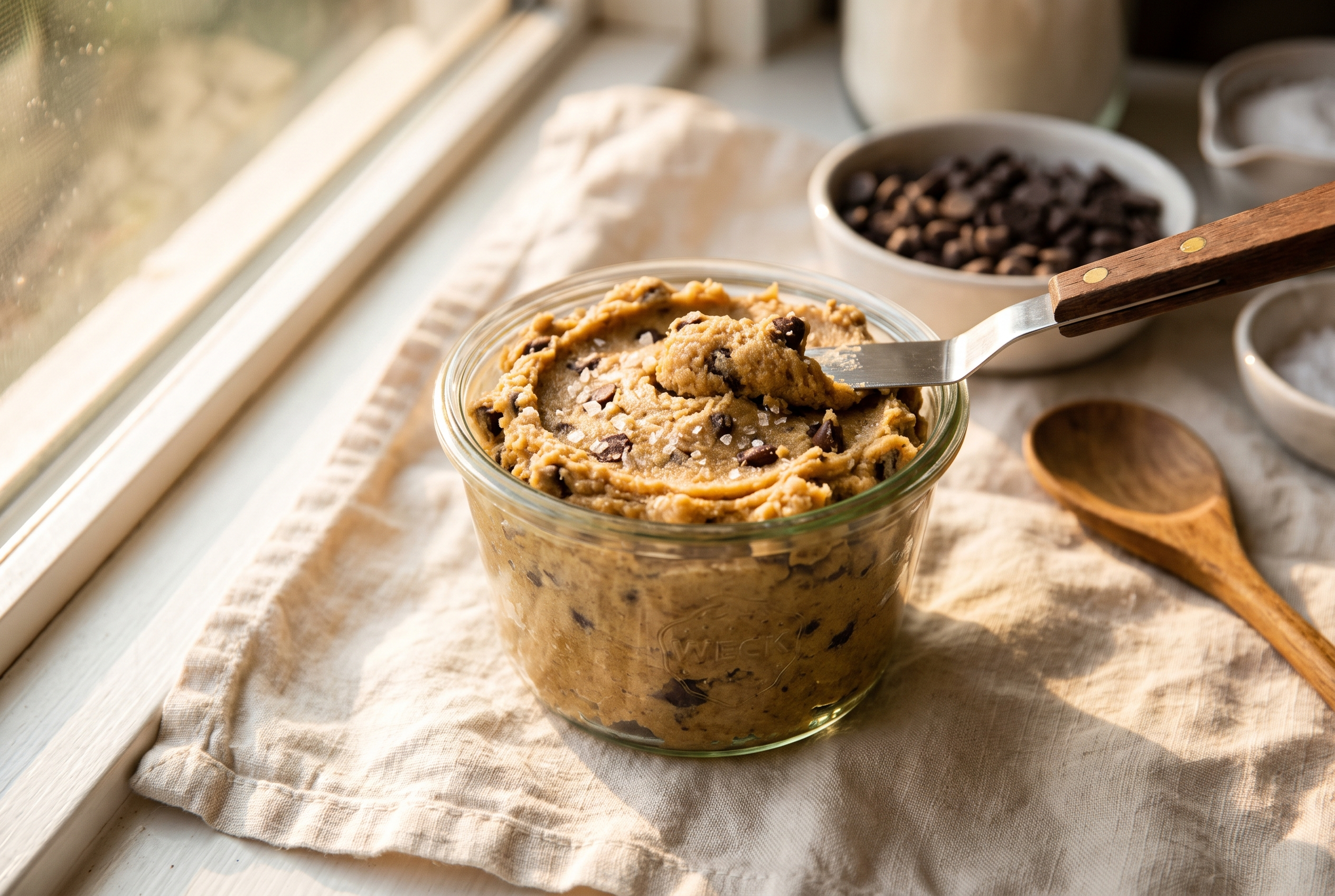 Cottage cheese cookie dough smoothed into a small glass container with chocolate chips on top