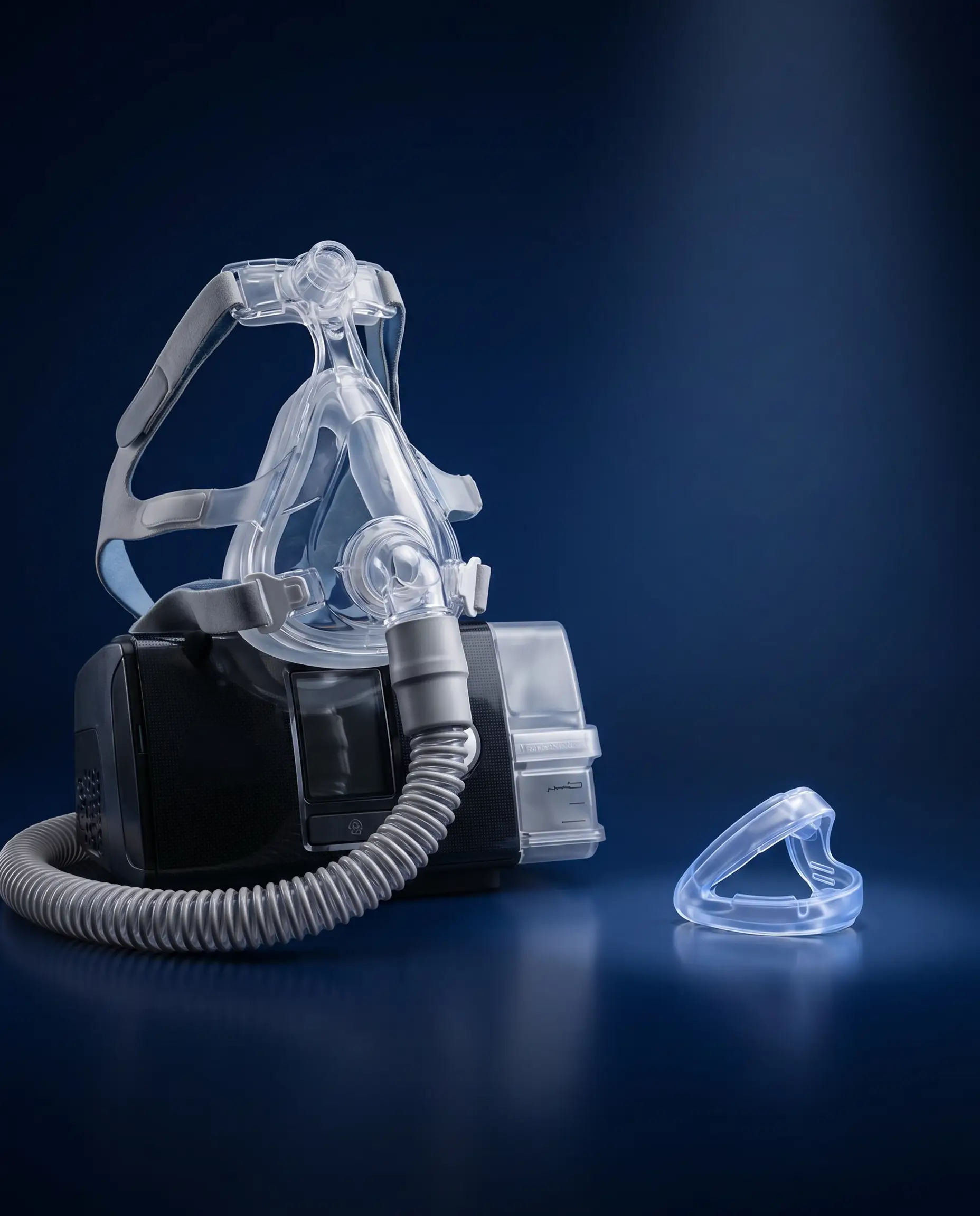 A bulky CPAP machine and full-face mask next to a tiny clear QuietNight mouthpiece