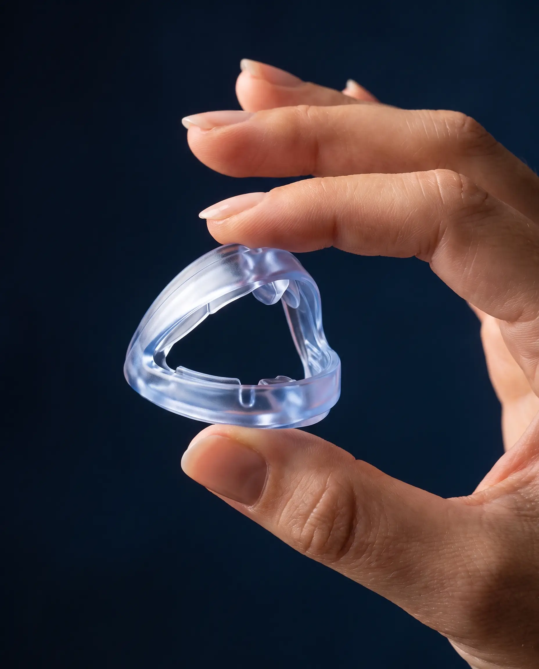 The slim clear QuietNight mouthpiece held between two fingertips to show how thin it is