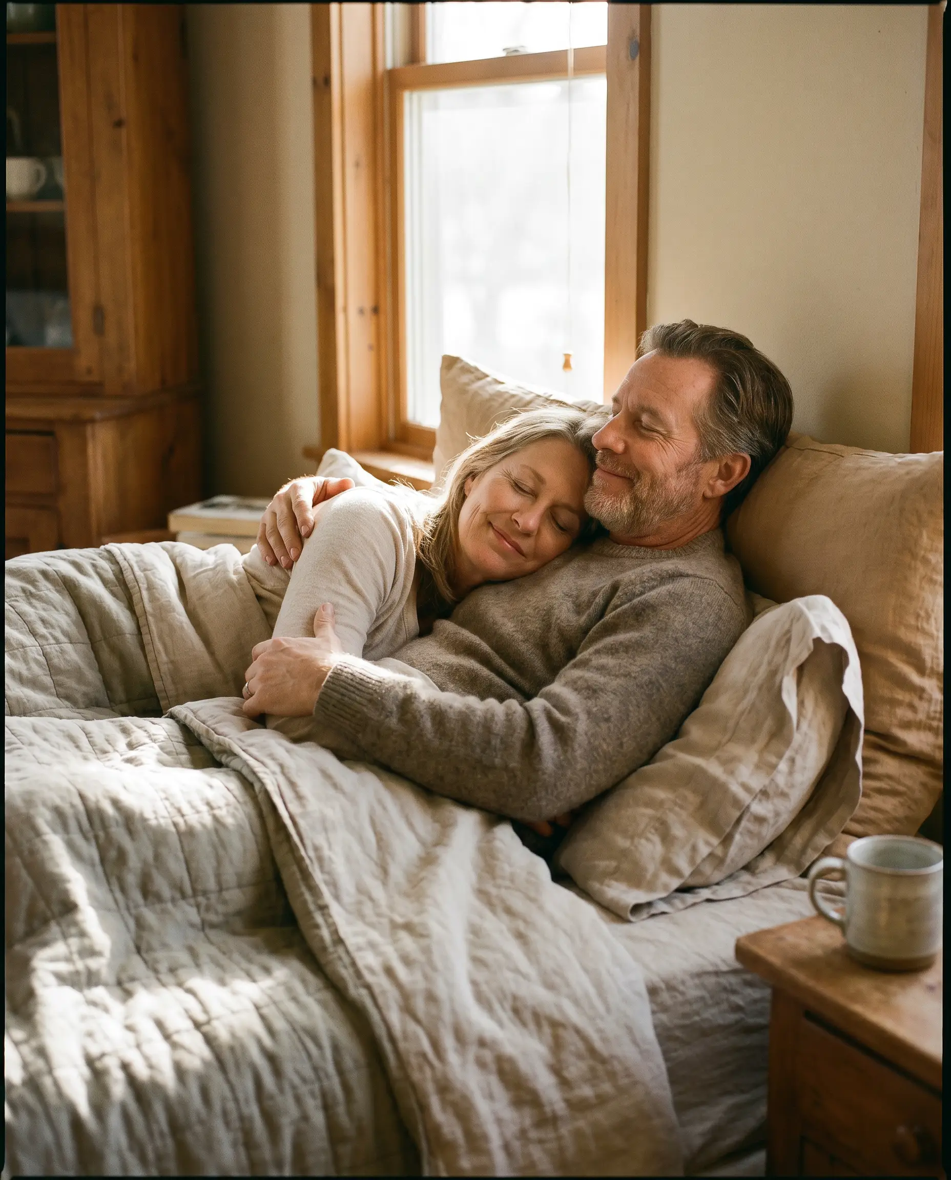 A rested couple cuddling close in bed in warm morning light