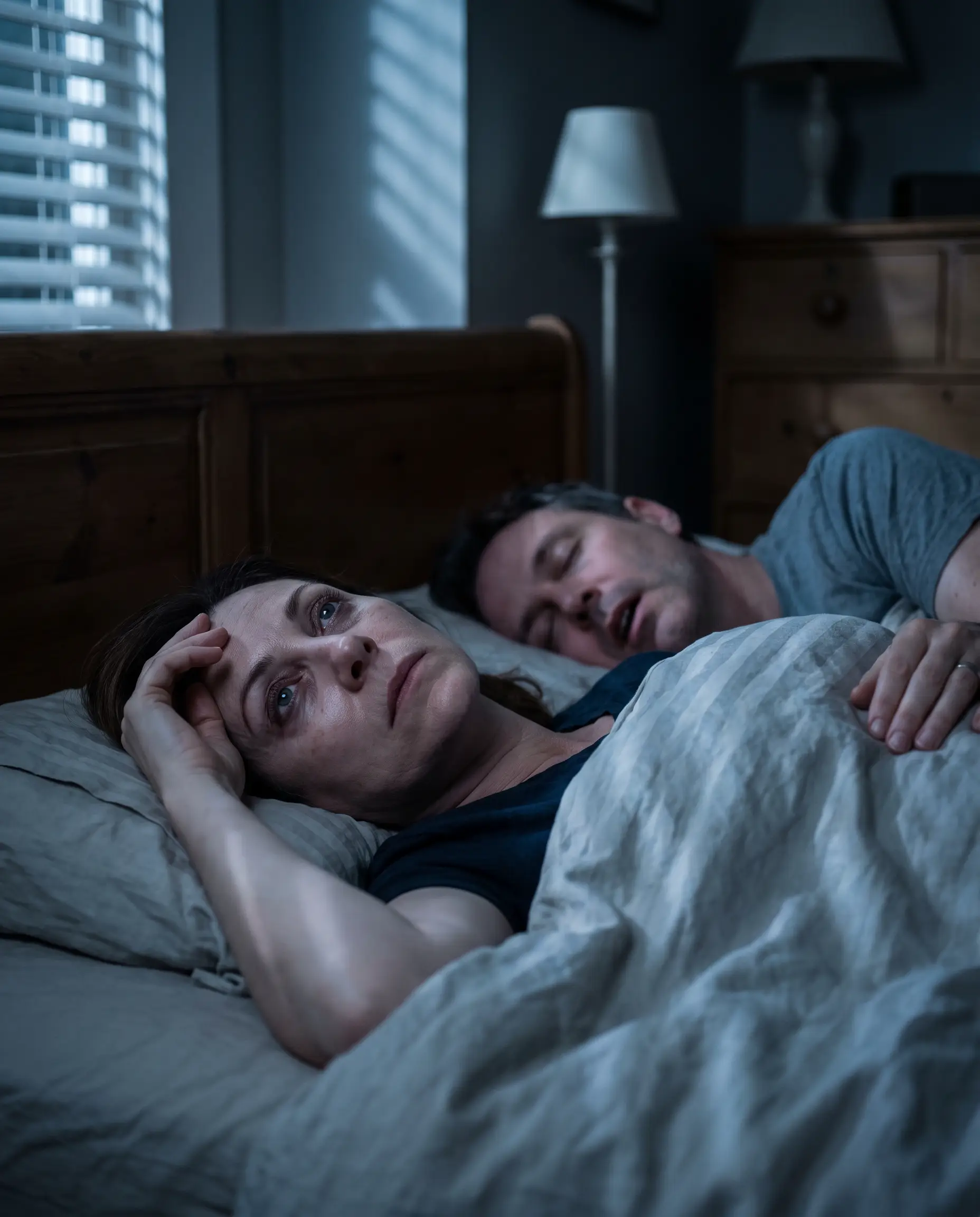 Exhausted wife lying awake at 3 a.m. while her husband snores beside her