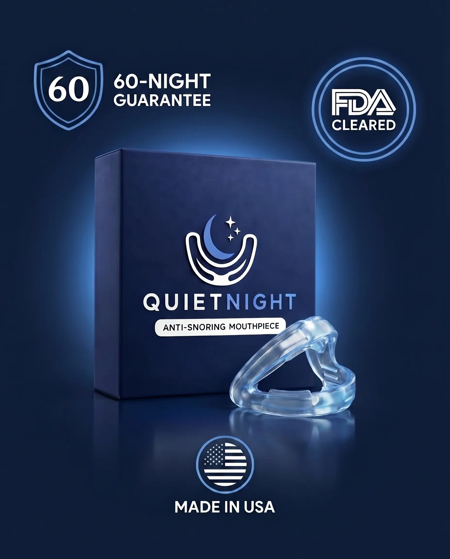 QuietNight 60-night guarantee, FDA-cleared and made in USA badges beside the product