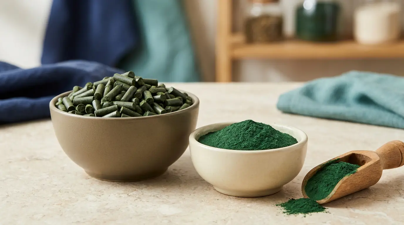 Dried algae feed pellets and powder