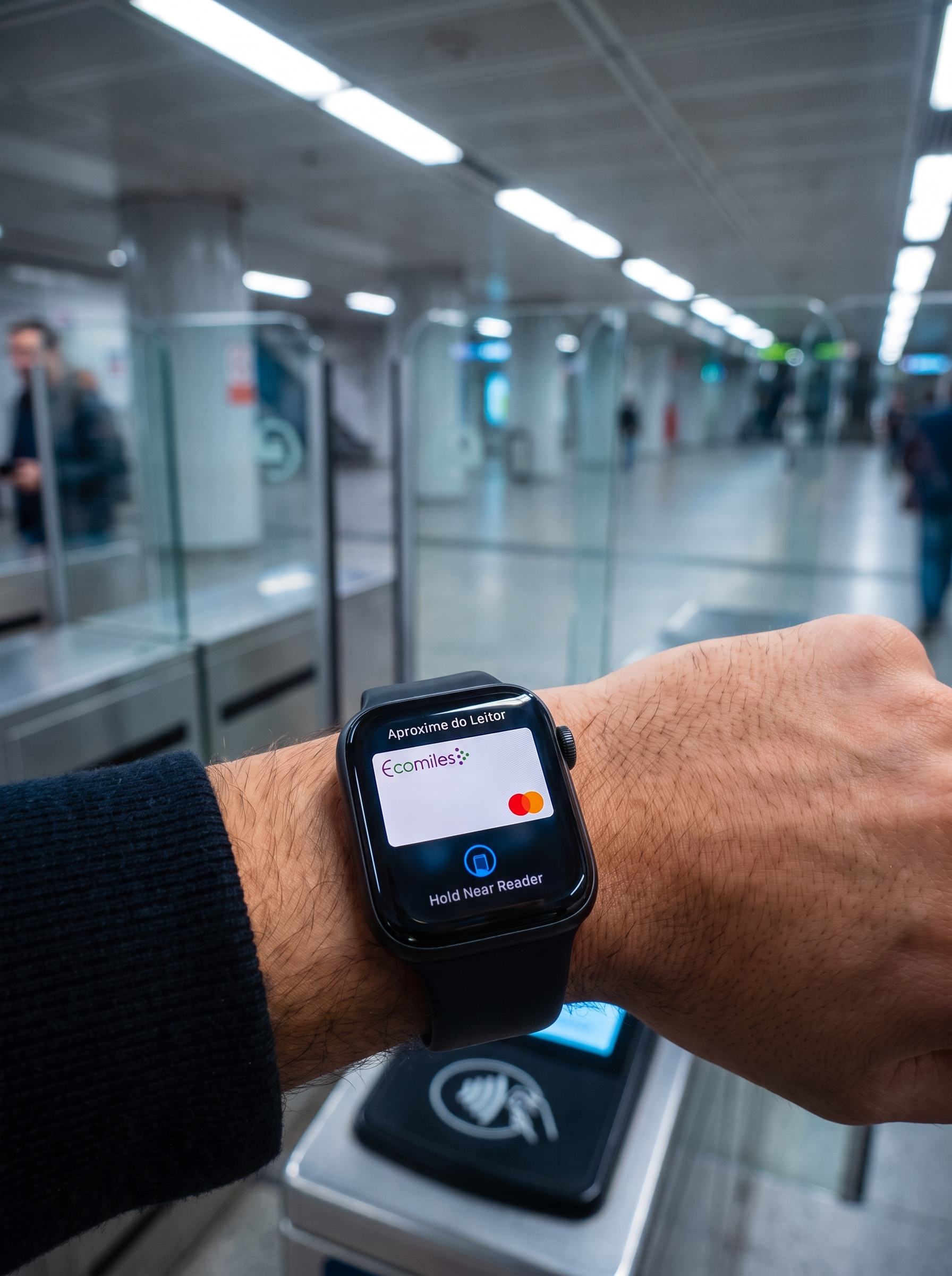 Pagando a passagem do metrô por aproximação com o cartão Ecomiles no Apple Watch
