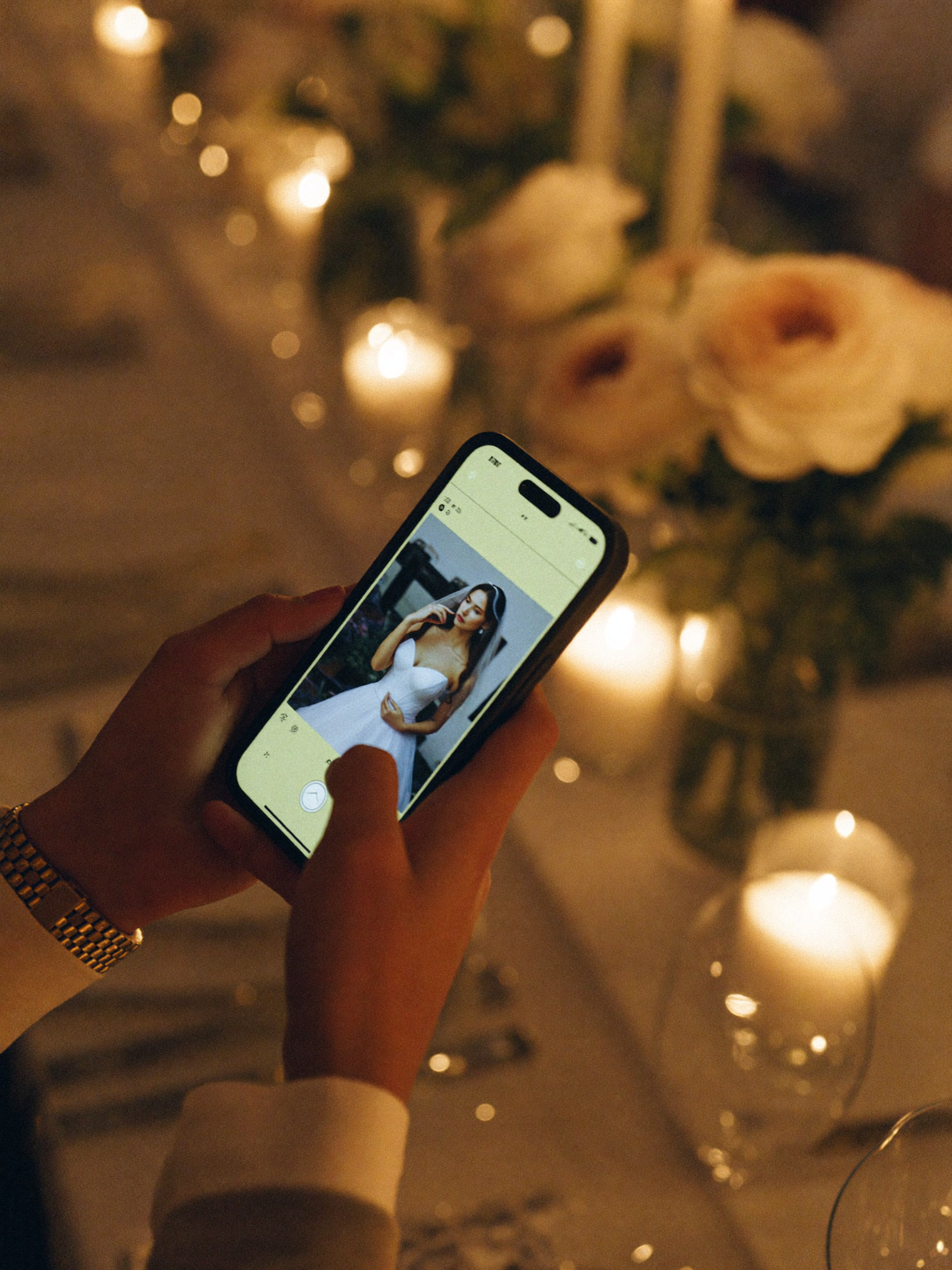 Nahaufnahme eines Handys am Hochzeitstisch