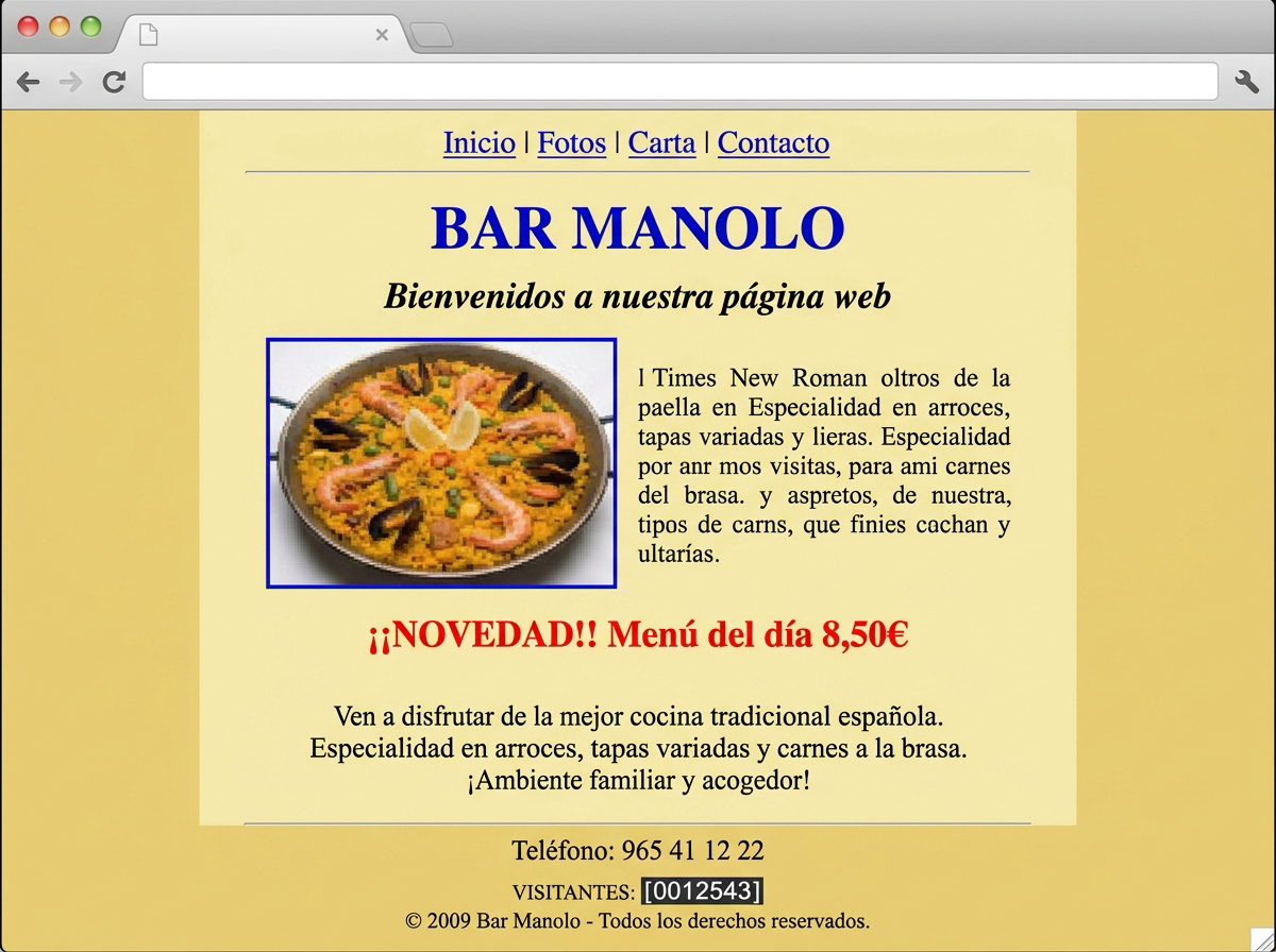 La web antigua de un bar: fondo amarillo, Times New Roman, contador de visitas
