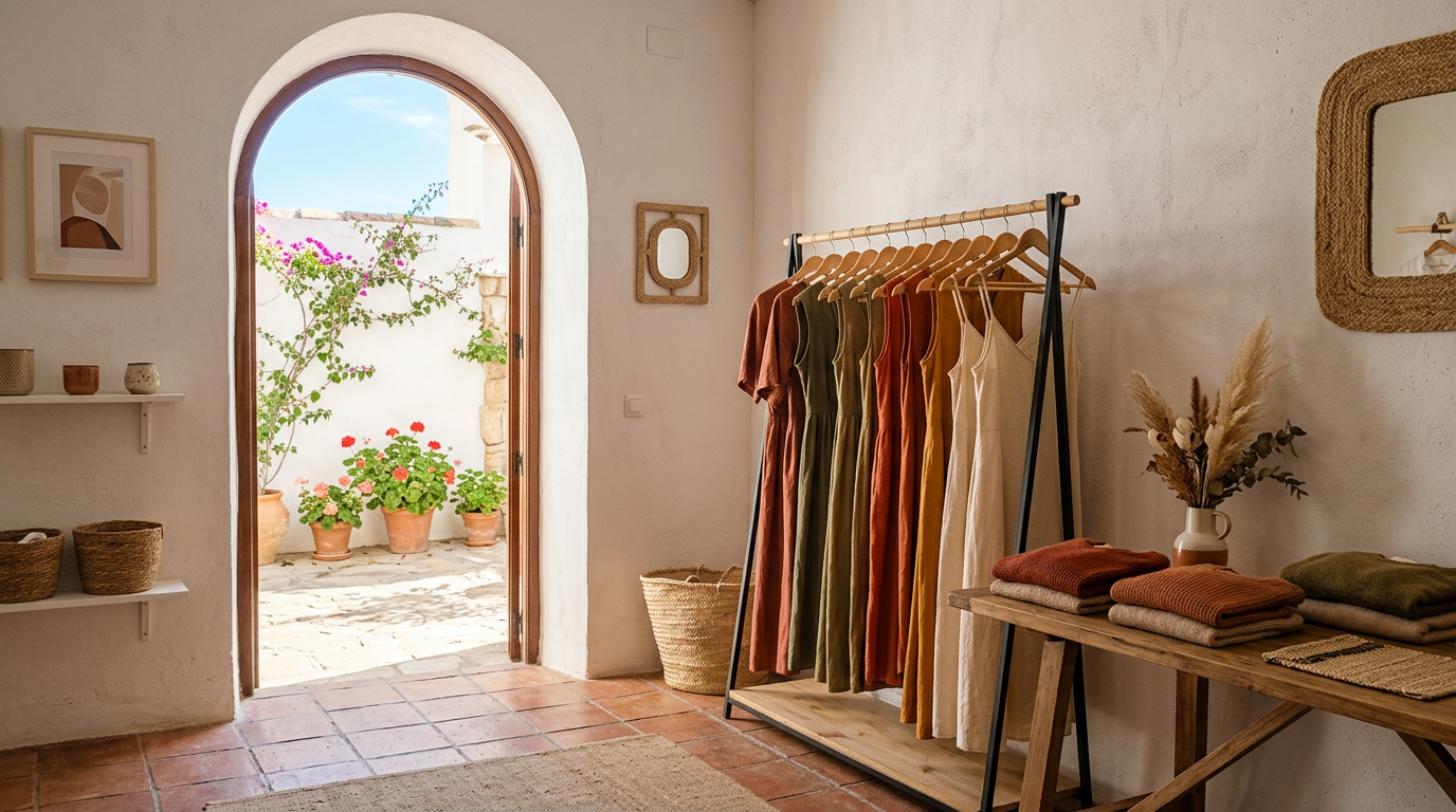 Interior de la boutique Moda Lola con ropa en perchas