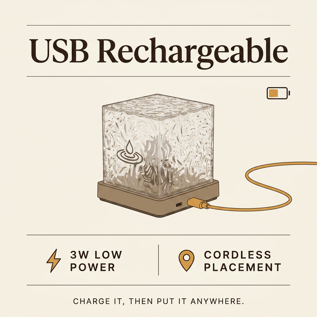 The lamp charging over USB, rated at three watts