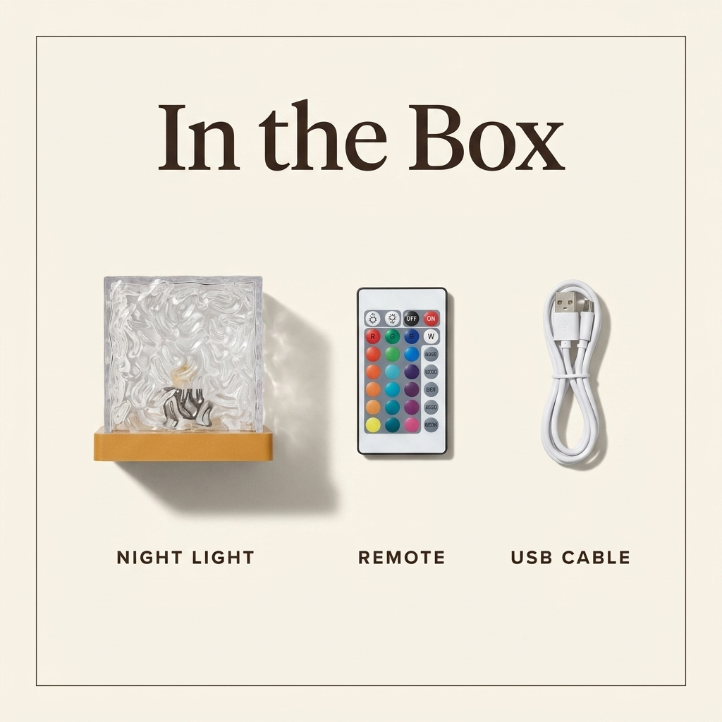 In the box: night light, remote control, USB charging cable