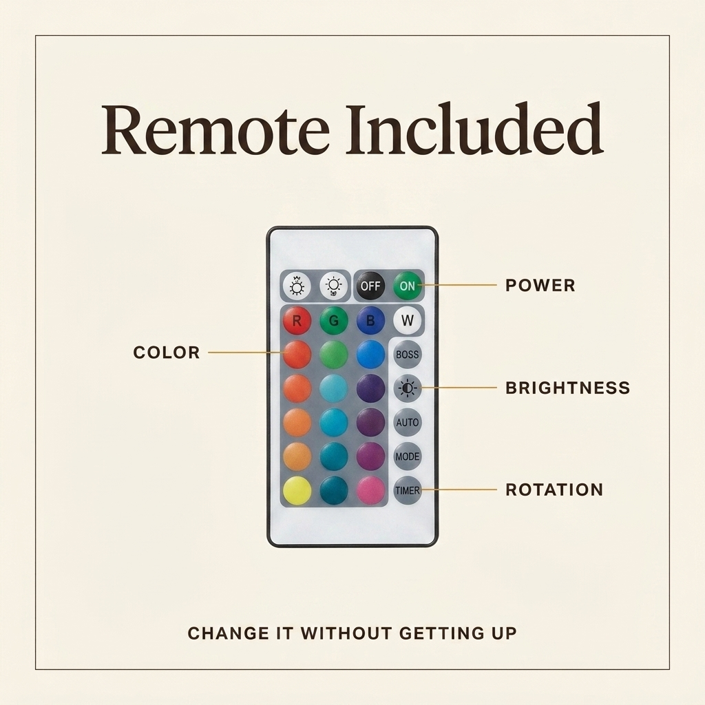 The included remote with power, color, brightness and rotation controls