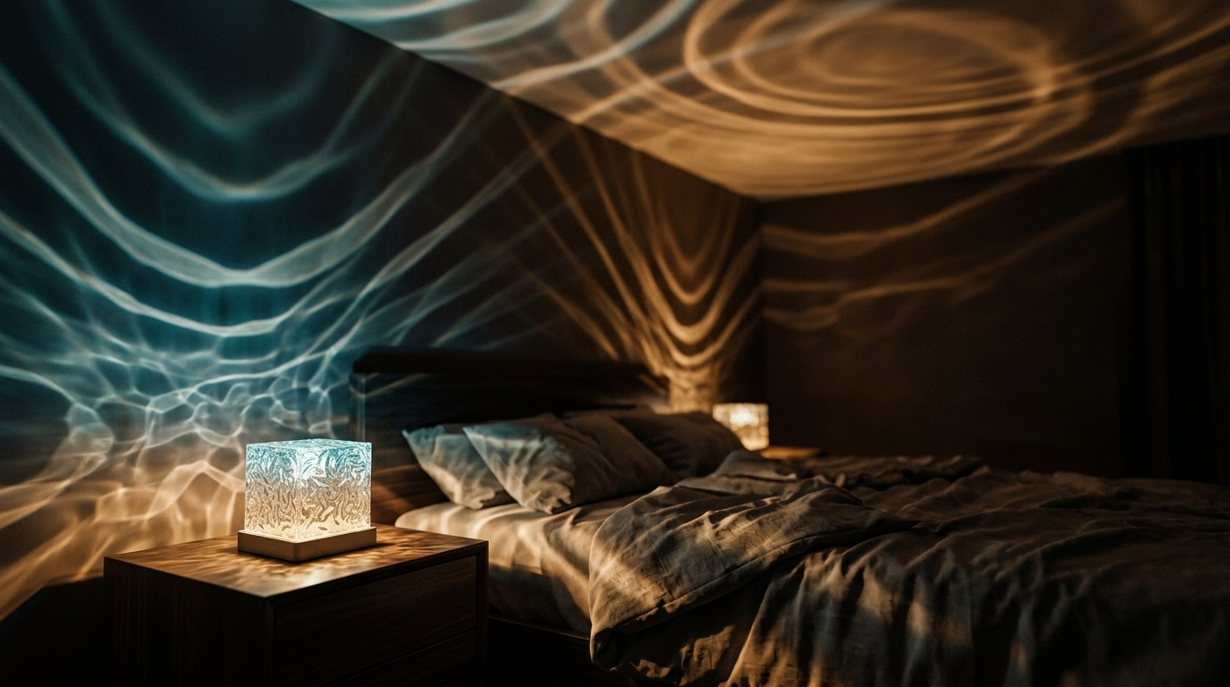 A bedroom flooded with moving water-ripple light from the lamp on the nightstand