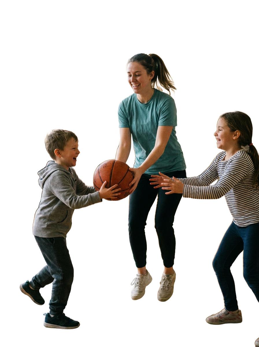 TOPP KIDS educator playing basketball with two children
