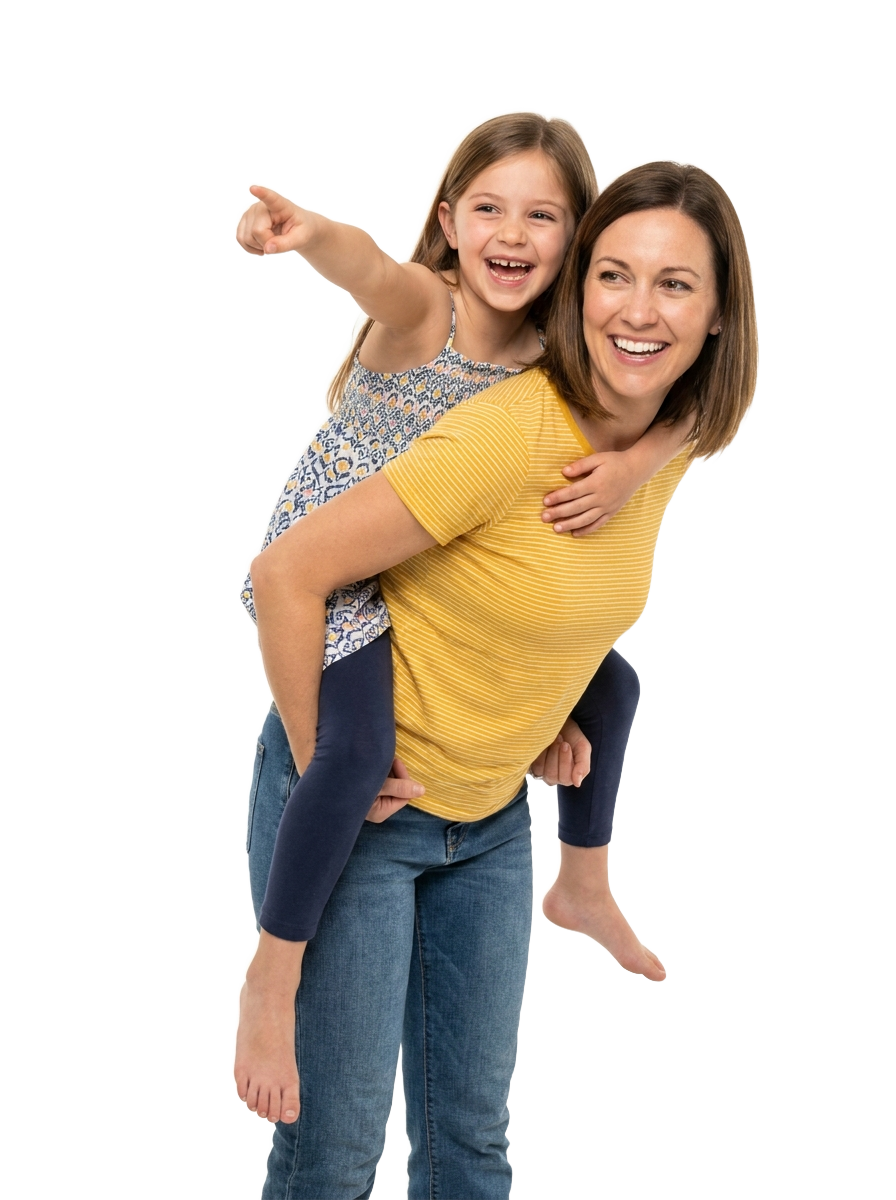 A joyful mother giving her daughter a piggyback ride