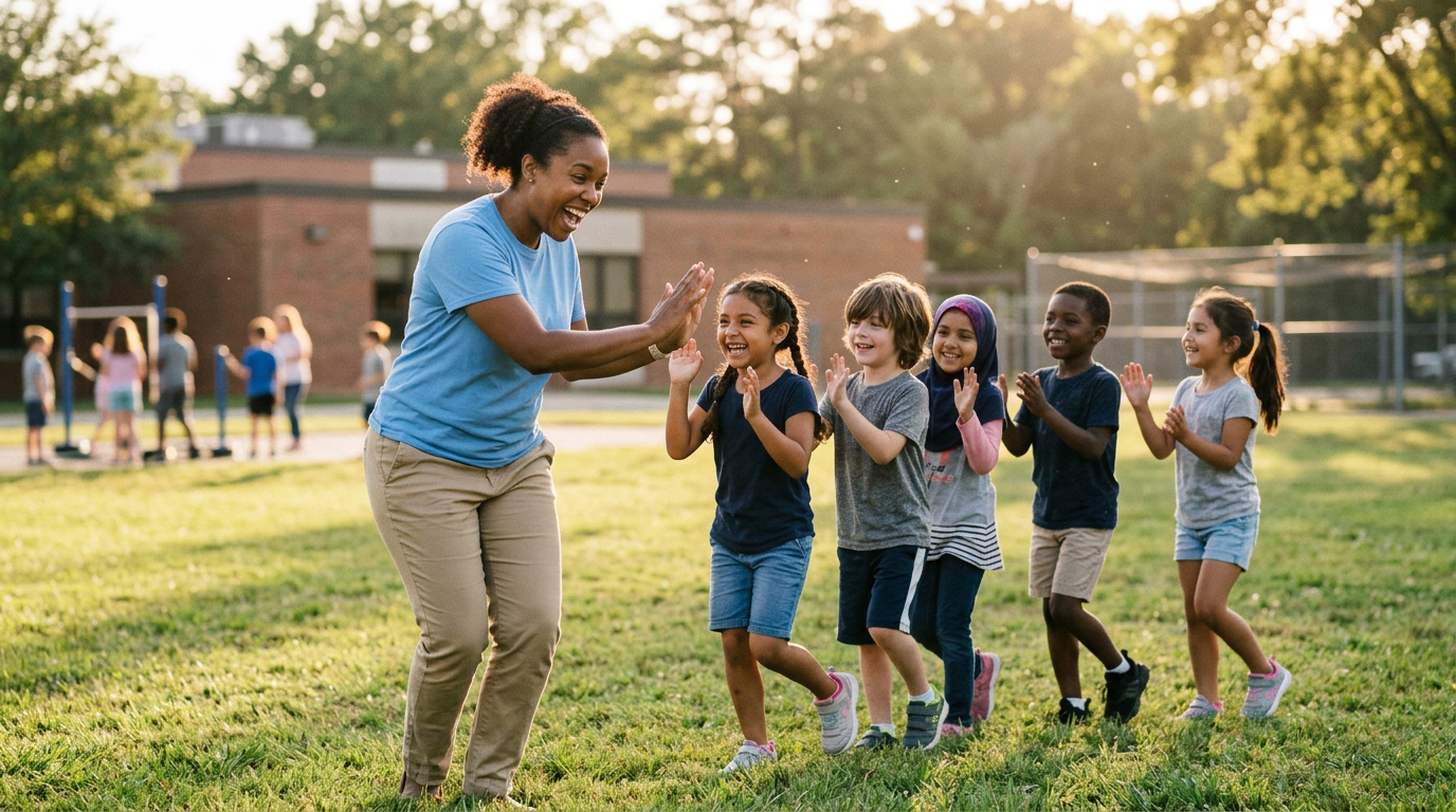 A TOPP KIDS educator high-fiving a line of happy kids on the field