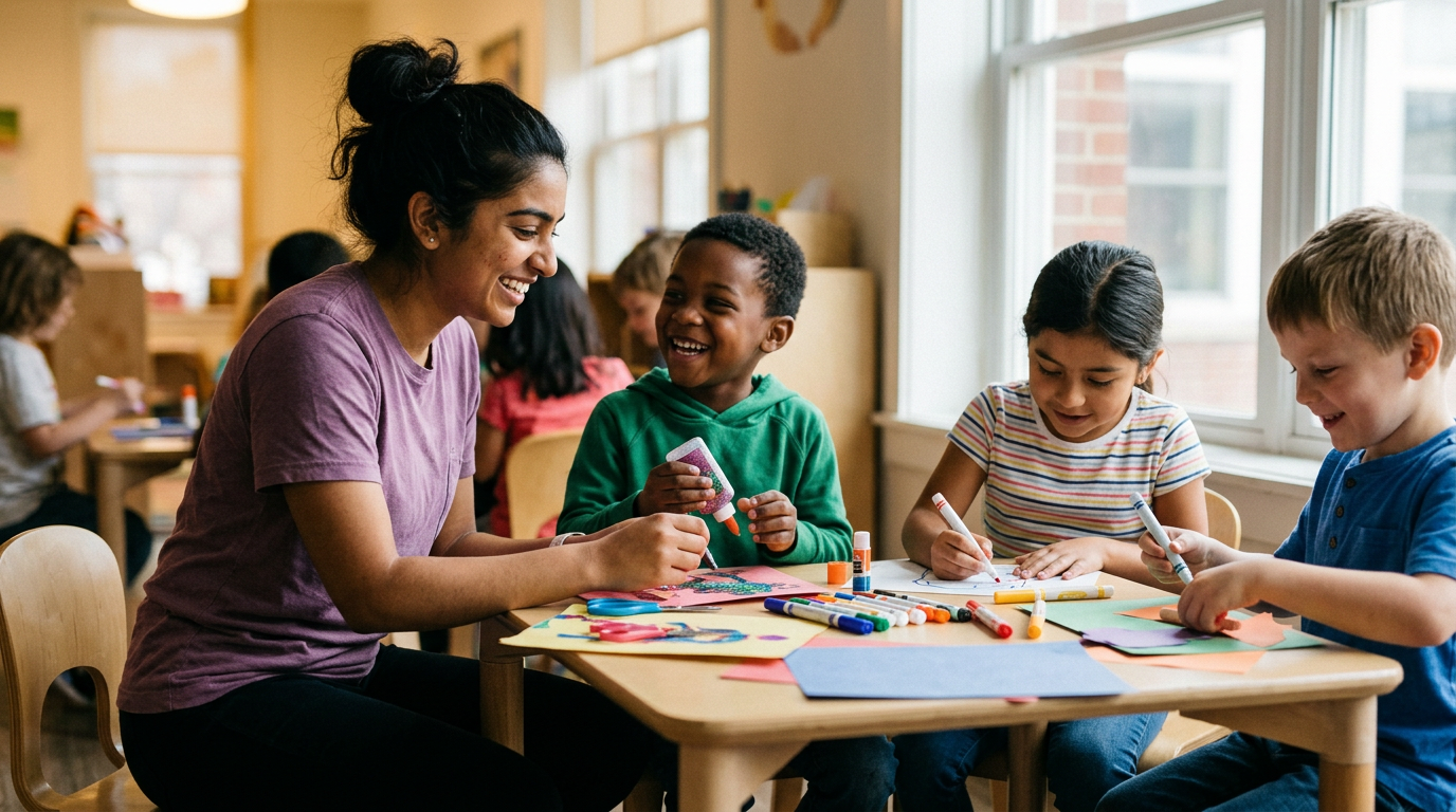 A TOPP KIDS educator helping children with a colourful craft project