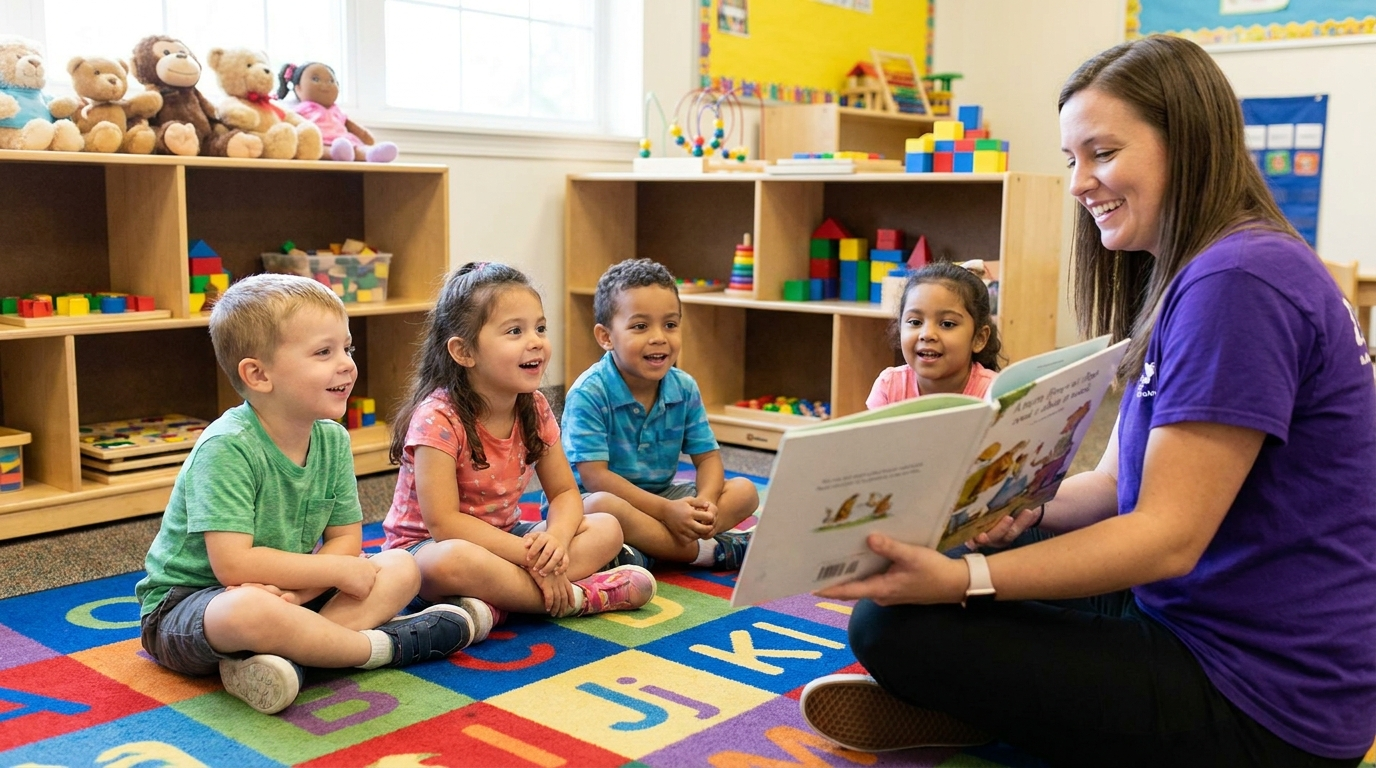 A TOPP KIDS educator reading a picture book to kindergarten children on the alphabet carpet