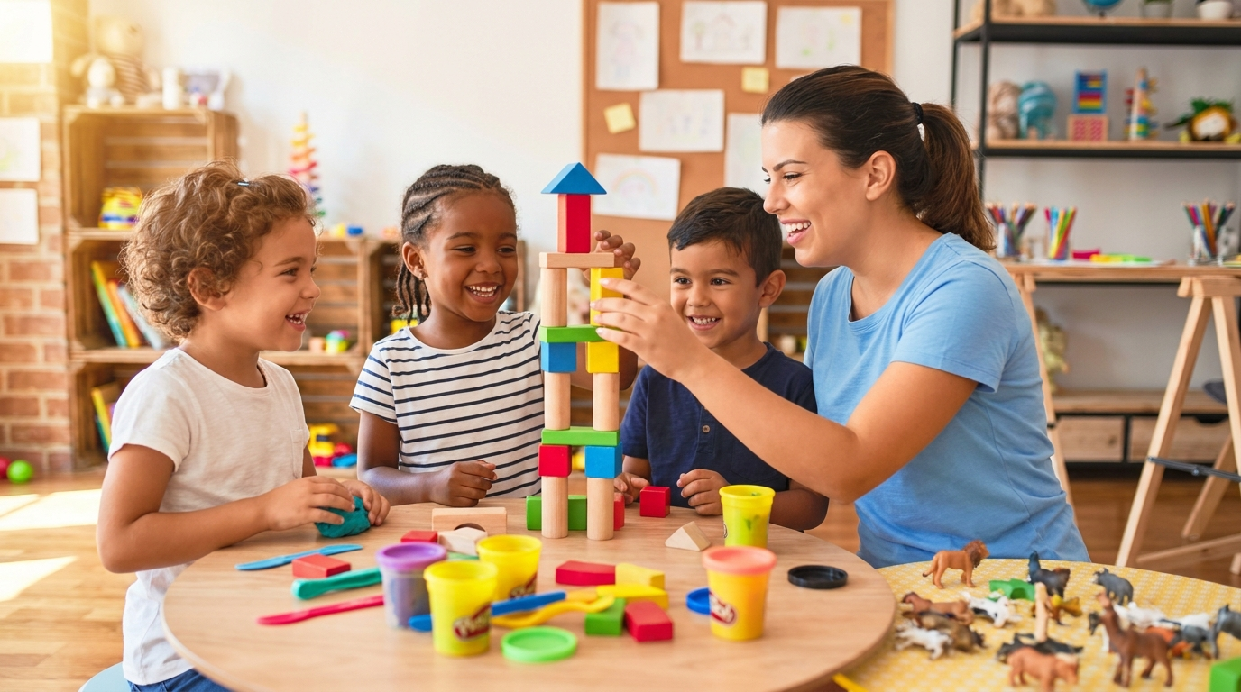 Kindergarten children building a block tower with their TOPP KIDS educator