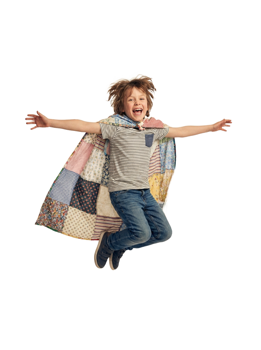 A TOPP KIDS kiddo mid leap, cape flying