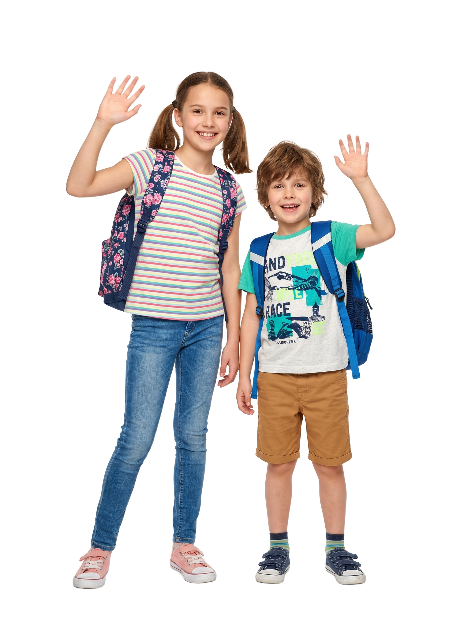 Two children with backpacks waving hello