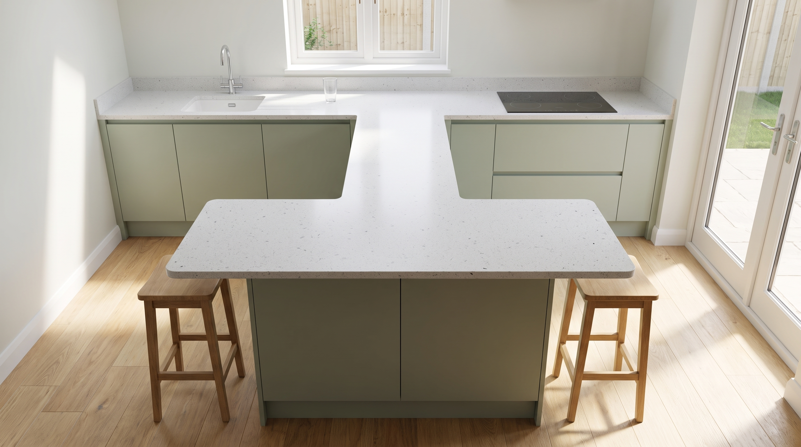 Lustre White NobleStone worktop in a wide kitchen view