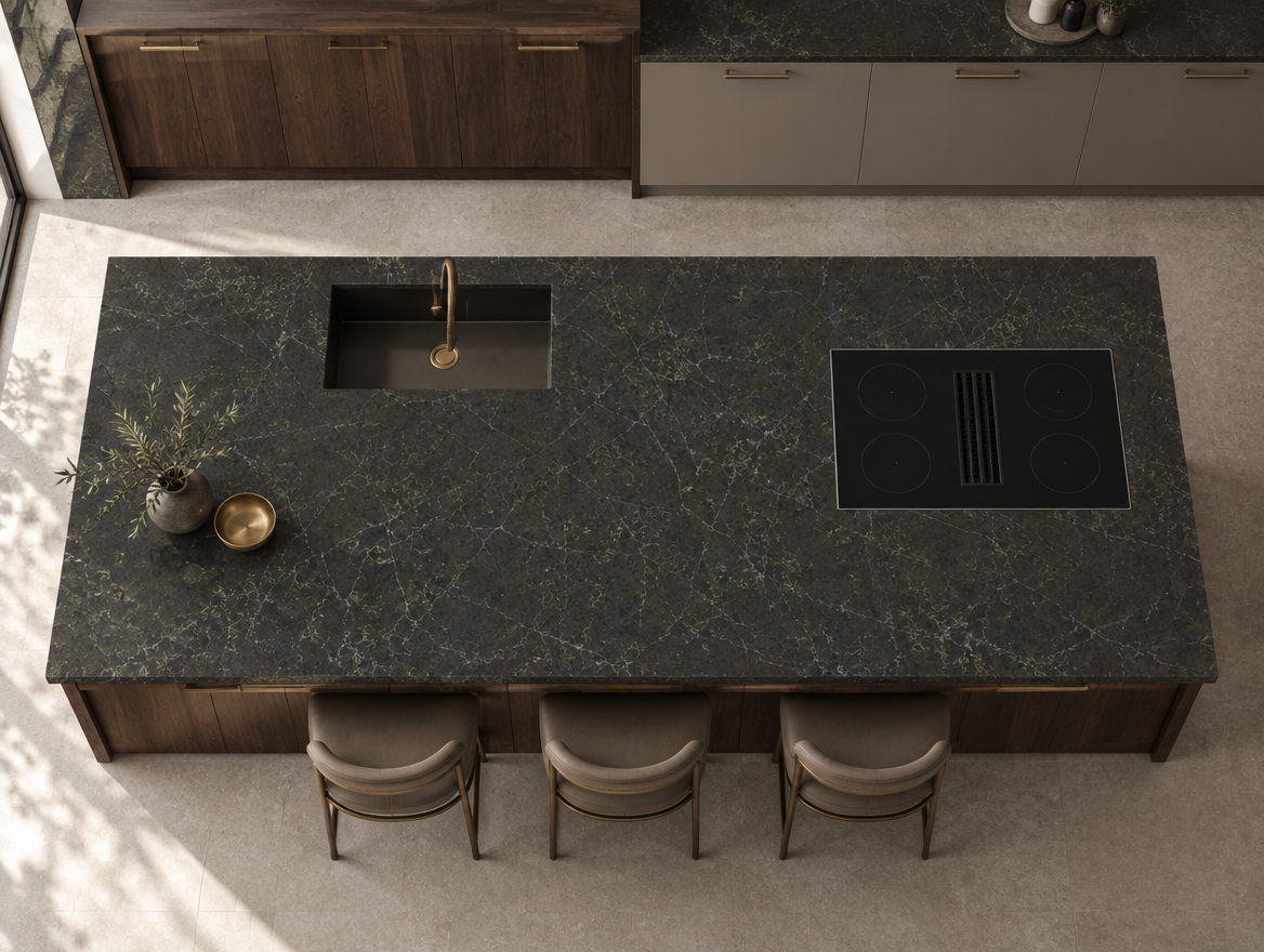 Marrakesh NobleStone worktop in an overhead kitchen view