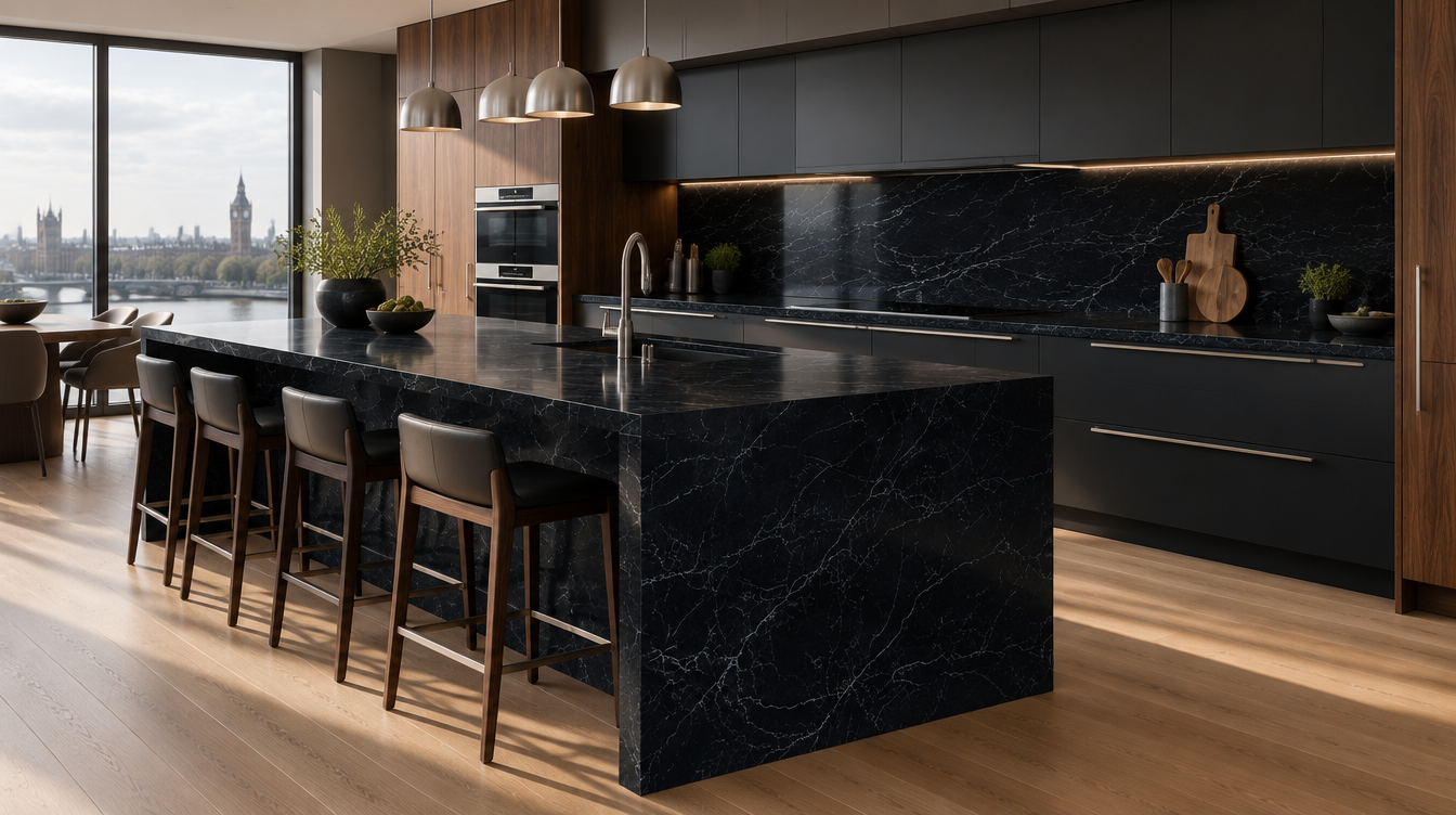 Midnight Vein NobleStone worktop in a wide kitchen view