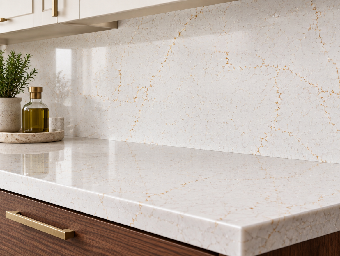 Misterio Gold NobleStone worktop in a close kitchen detail view