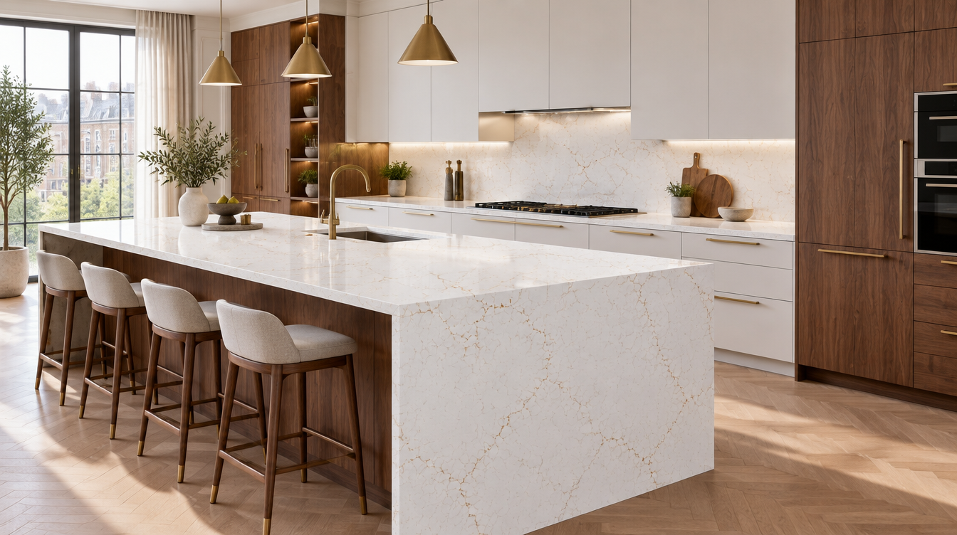 Misterio Gold NobleStone worktop in a wide kitchen view