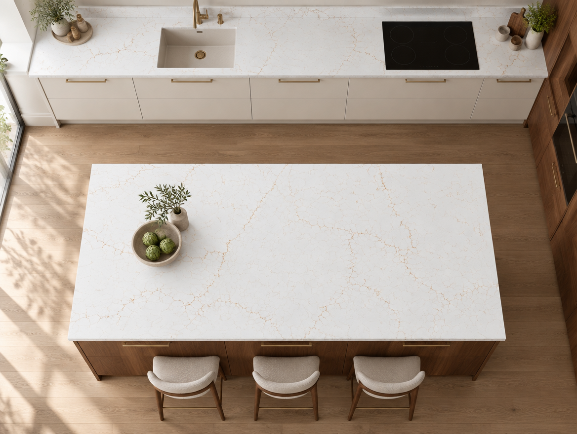Misterio Gold NobleStone worktop in an overhead kitchen view