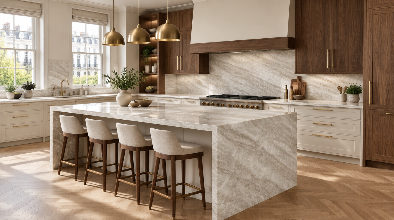 Taj Classic 3D NobleStone worktop in a wide kitchen view