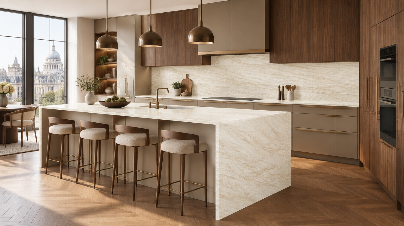 Taj Mahal 3D NobleStone worktop in a wide kitchen view