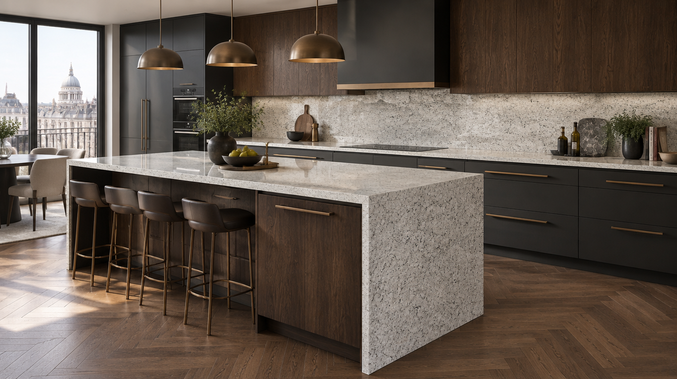 Tiger NobleStone worktop in a wide kitchen view